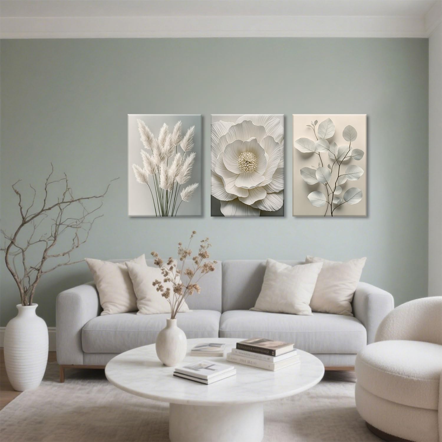 TUEASKY 3 Piece Canvas Wall Art Floral Wall Decor Neutral Pictures Flower Art Prints Botanical Paintings Beige Artwork For Bedroom Living Room