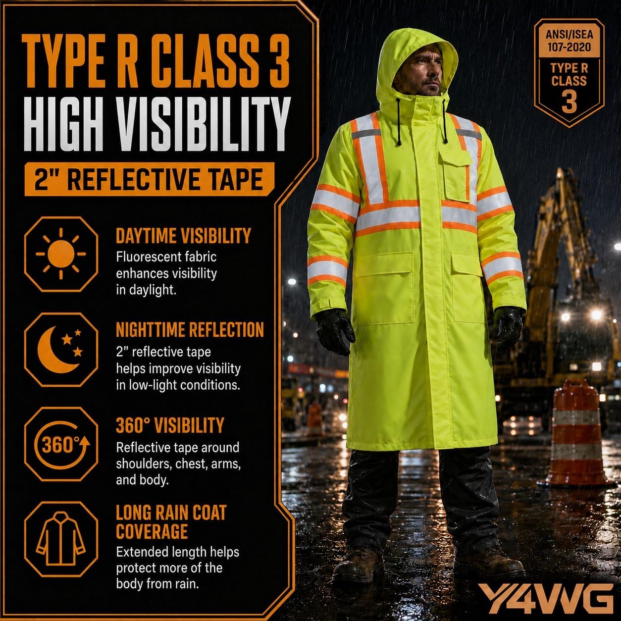 Hi Vis Long Rain Coats for Men Reflective Safety Rain Jacket Waterproof Class 3 High Visibility Trench Coat(RC550)