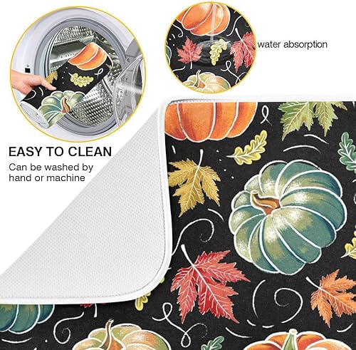 Miniatura 2 de Tapete de secado de platos de calabaza de otoño para cocina, hojas de arce, tapete de secado de microfibra negra, tapete absorbente reversible para