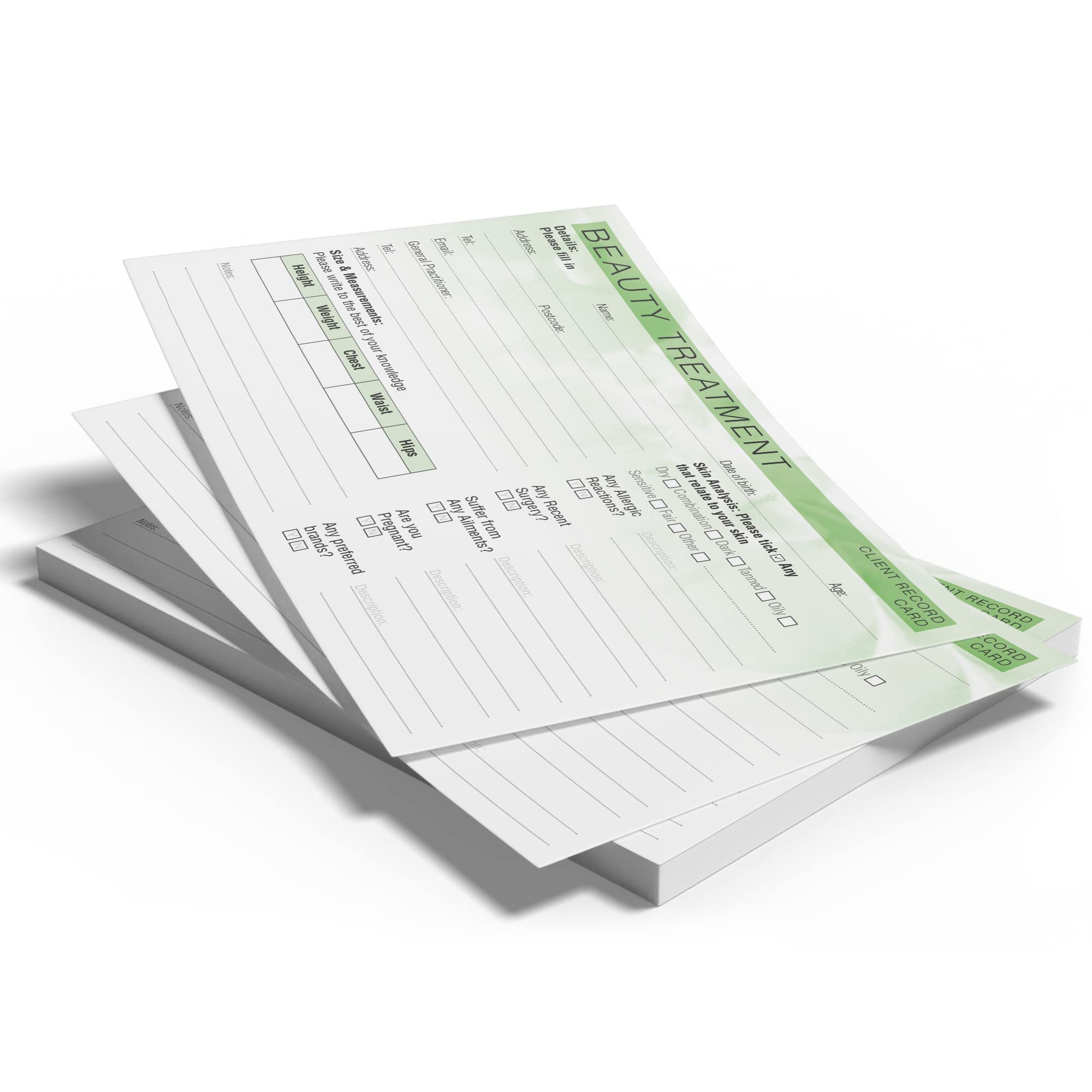 Beauty Client Record Card - Treatment Consultation Form for Mobile Therapists & Salons A5 Pack of 50 - Landscape - Image 3