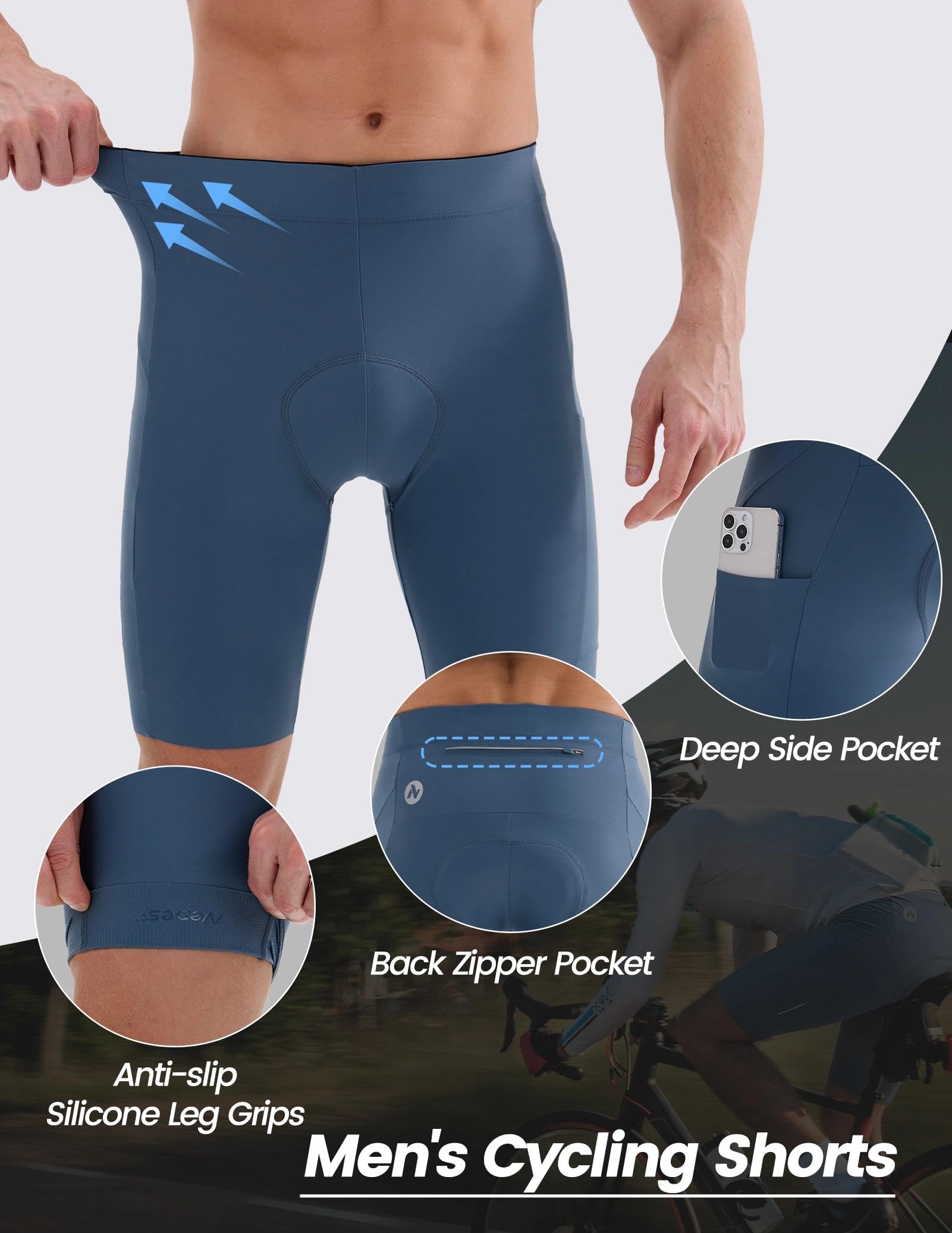 Nepest Radlerhose Herren Gepolstert 4-Wege-Stretch,UPF 50+ Rennrad Hose | Fahrradhose Herren mit Polster, Rutschfester Bund, Taschen, Reflektierend, Atmungsaktiv, Radhos, Fahren, Cycling Shorts Men