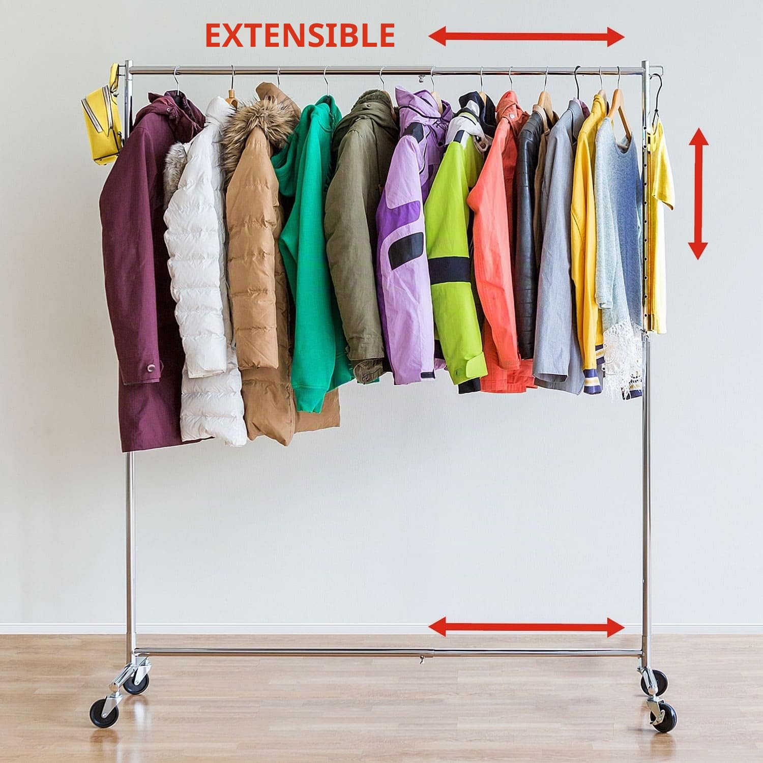 Tatkraft Urban Perchero de Ropa Ajustable de Alta Resistencia con Ruedas de Bloqueo de Grado Industrial, Diseño de Ahorro de Espacio, Extensible de 36.6 a 55 Pulgadas, Capacidad de 60 kg