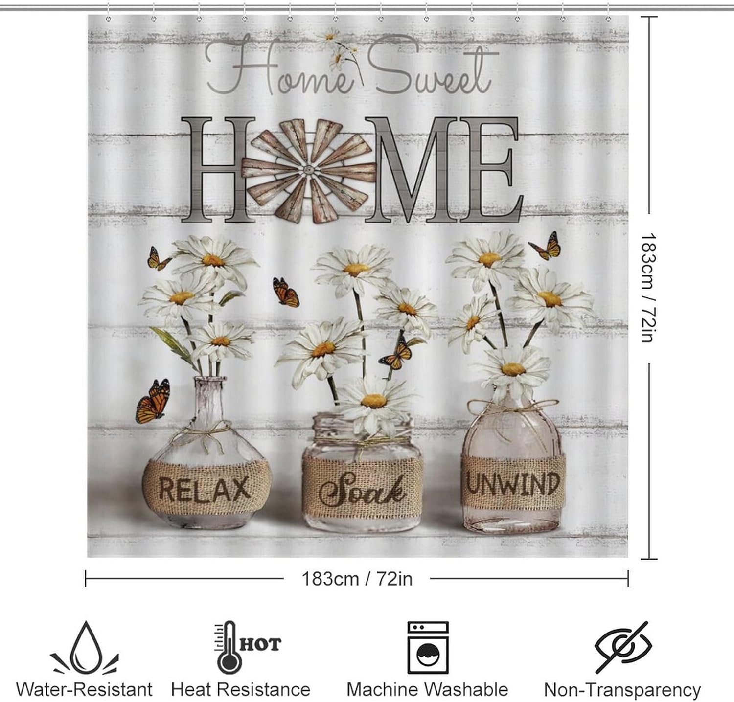 Tijuboni 4PCS Shower Curtain Sets with Rugs Farmhouse Shower Curtain Neutral Rustic Country Shower Curtain Sets Daisy Flower Shower Curtain Sets Bathroom Decor with Non-Slip Bath Mat Toilet Rug