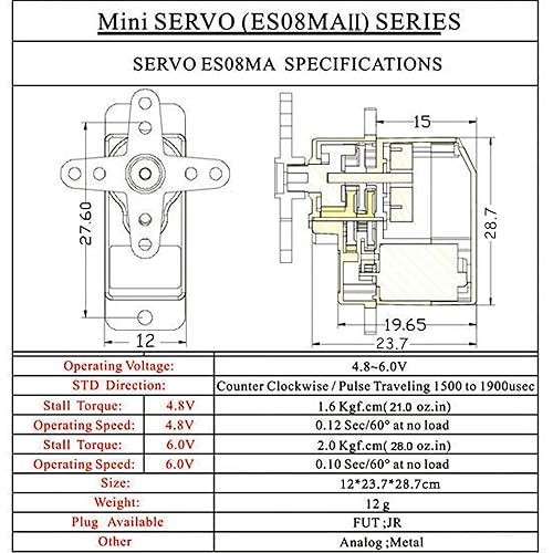 Vista 4 de RGBZONE 4 unids ES08MA II 0.42 oz mini engranaje de metal analógico servo máquina estable a prueba de golpes compatible para modelo RC
