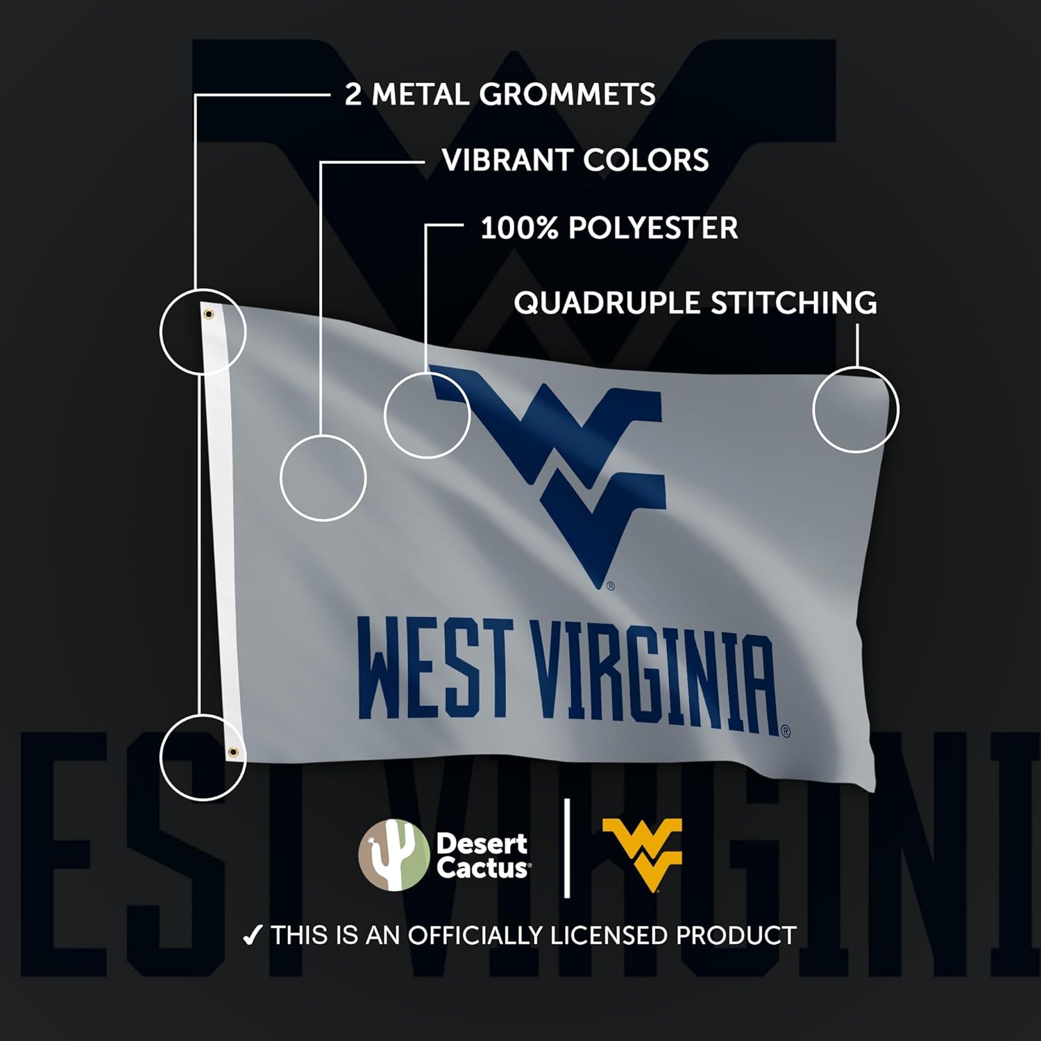 Desert Cactus West Virginia University Flag - 3 x 5 Feet WVU Mountaineers Banner, Indoor/Outdoor Durable Fabric Display (Style C1) - Image 4
