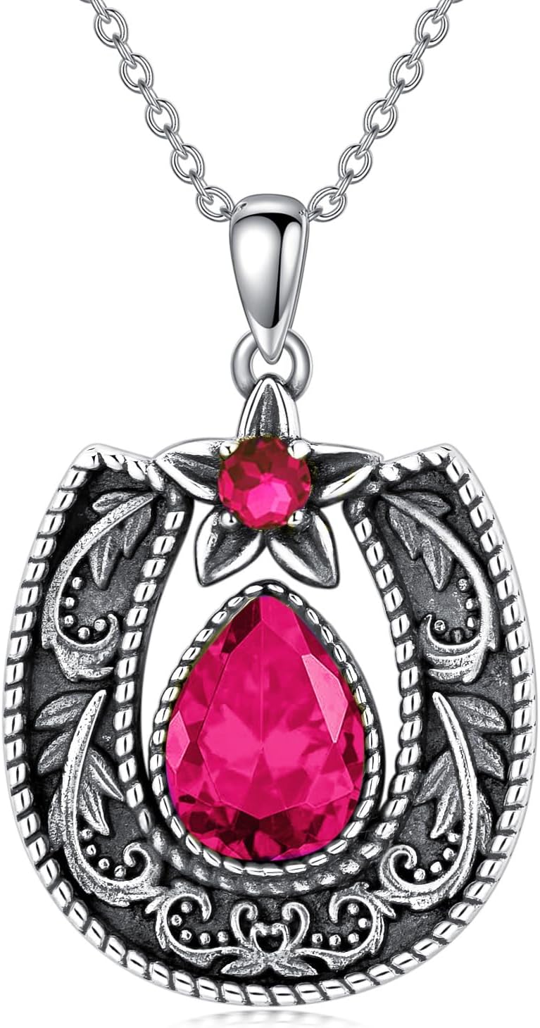 Western Style Lucky Horseshoe with Gemstone Necklace 925 Sterling Silver Retro Filigree Horseshoe Birthstone Pendant with 18+2 Inch Chain for Women