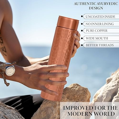 Miniatura 9 de Botella de agua de cobre para beber 37.2 onzas1.1 L, gran capacidad, hecha a mano, martillada, botella de cobre puro con beneficios para la salud, a