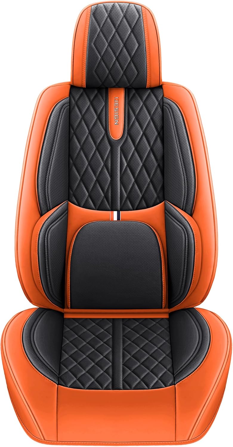 Comfortable Leather Auto Car Seat Covers Front & Rear Seat Protector Fit Sedan SUV 5 Seats Full Set Universal Fit (Black & Orange)