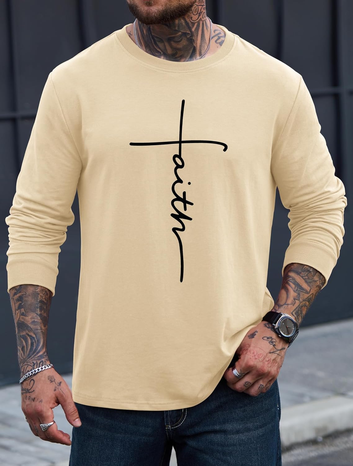 Mens Graphic Tshirt Casual Print Stretchy Long Sleeve Crewneck Tee Shirt (S-XXL) - Image 3