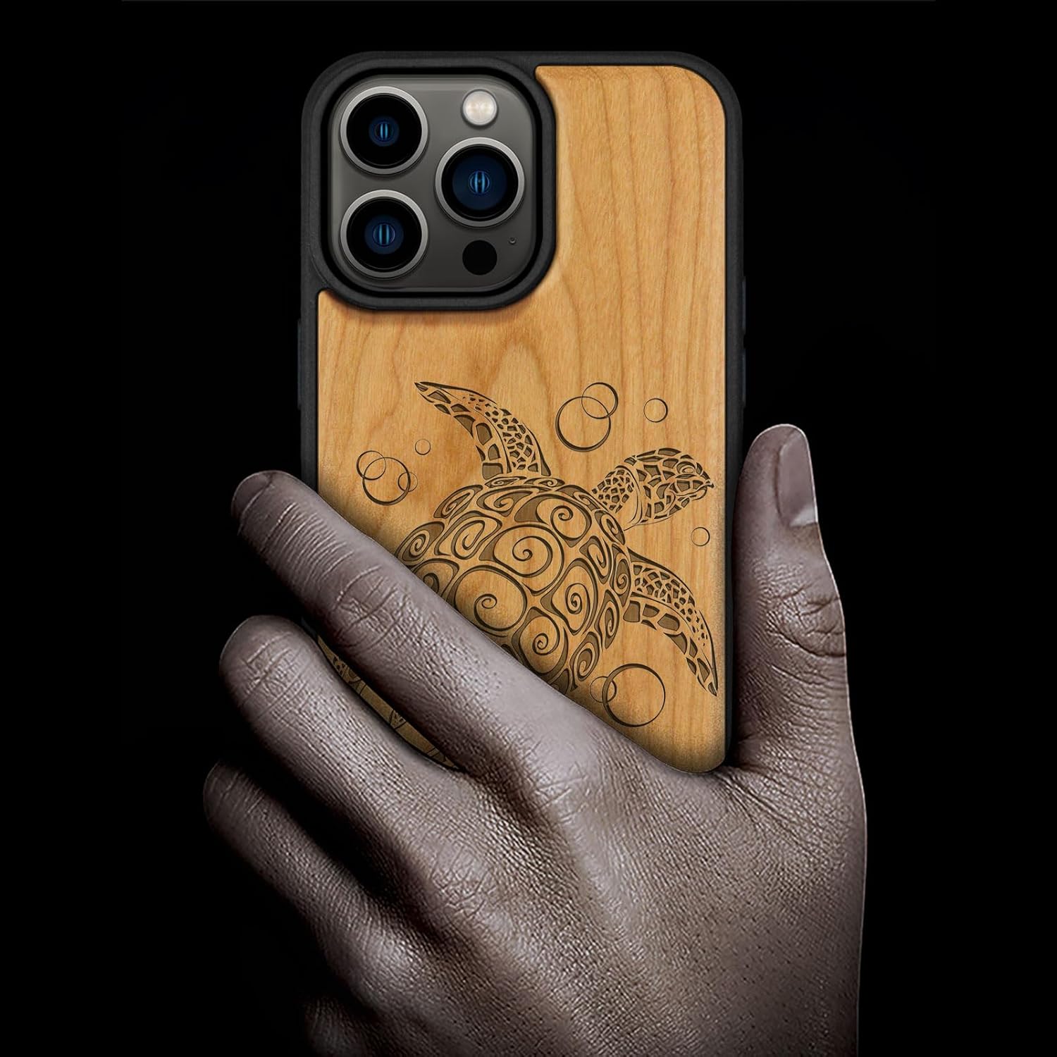Carveit Magnetic Wooden Case for iPhone 15 Pro Max Case, Compatible with MagSafe Wireless Chargers, Black Soft TPU Shockproof Cover & Wood Artisan Engraved (Sea Turtle) - Cherry