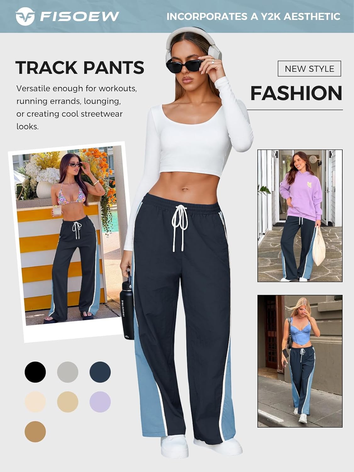 Fisoew Women's Baggy Wide Leg Track Pants Casual Drawstring Elastic Waisted Color Block Workout Y2K Active Pants - Image 6