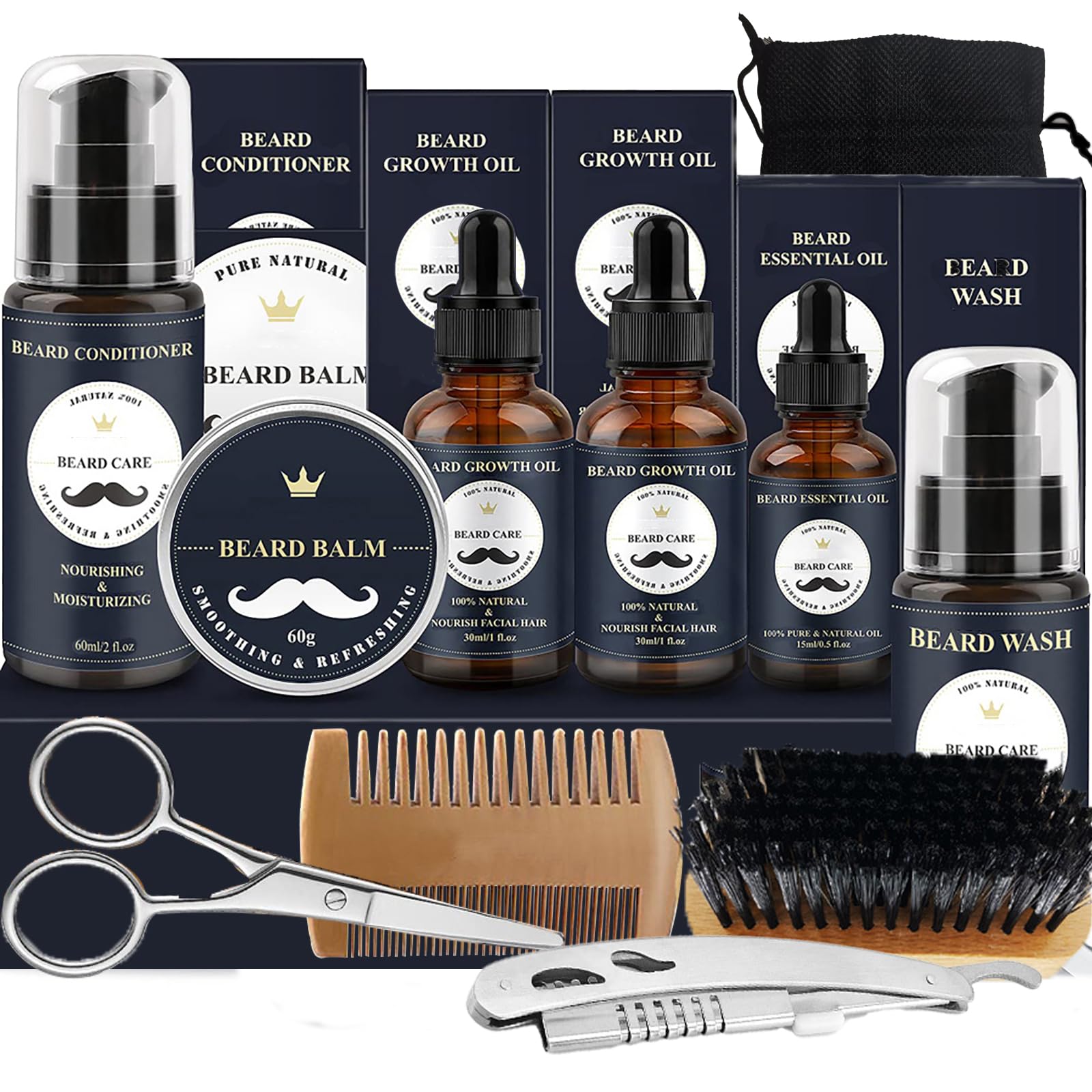 Joric Set per la cura della barba da uomo, con shampoo, olio per barba, balsamo per barba, balsamo per barba, set con spazzola, pettine, forbici
