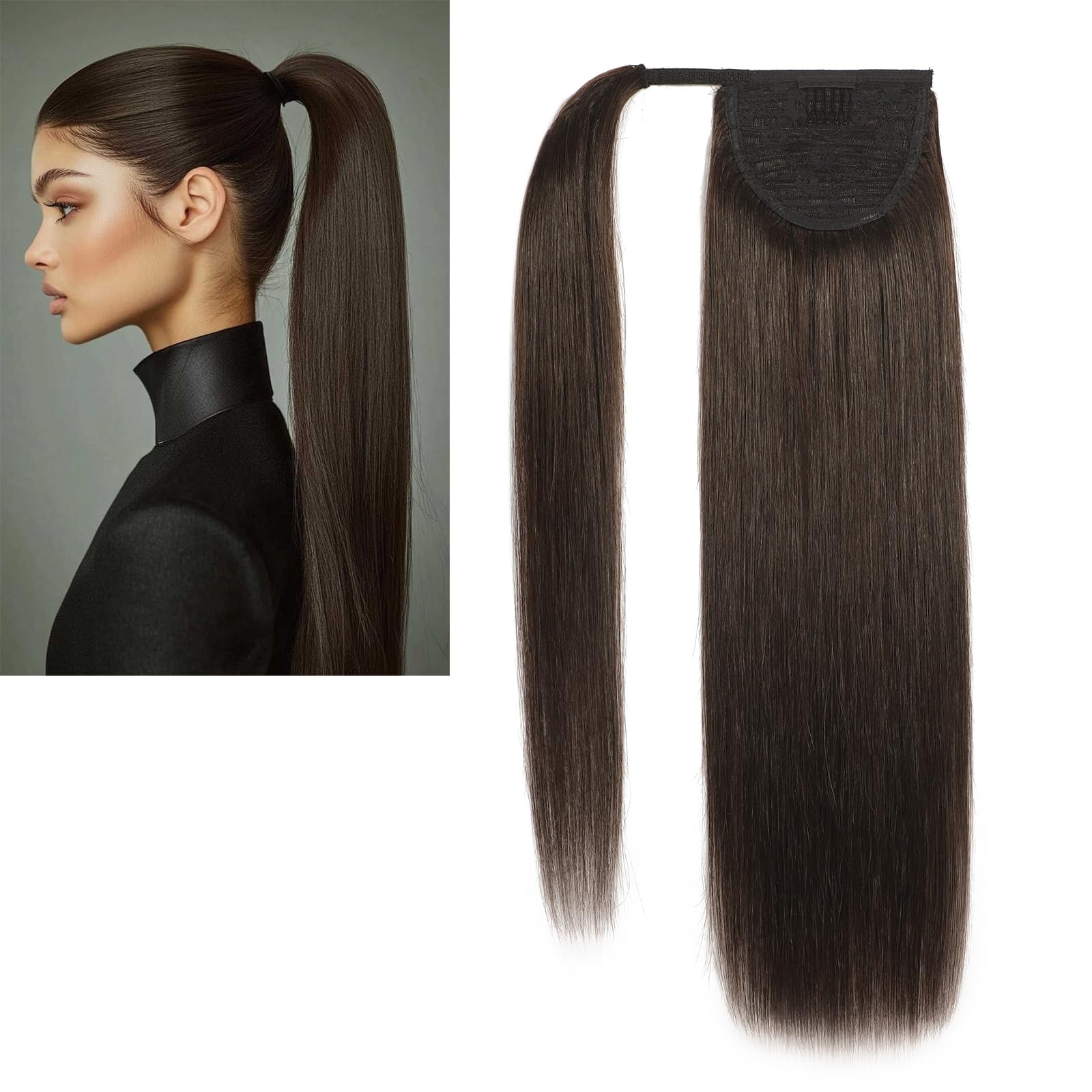 Human Hair 100% Echthaar Ponytail Pferdeschwanz Extensions und Clip in Zopf Haarteil 2# Dunkelbraun Haar 16"/40cm