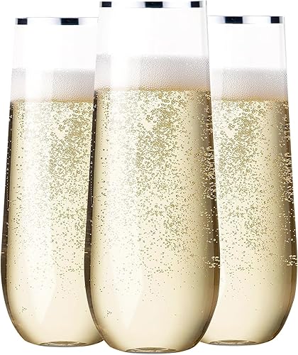 SUT 36 copas de champán de plástico sin tallo, con borde plateado de 9 onzas, vasos de tostado de plástico transparente, vasos de cóctel