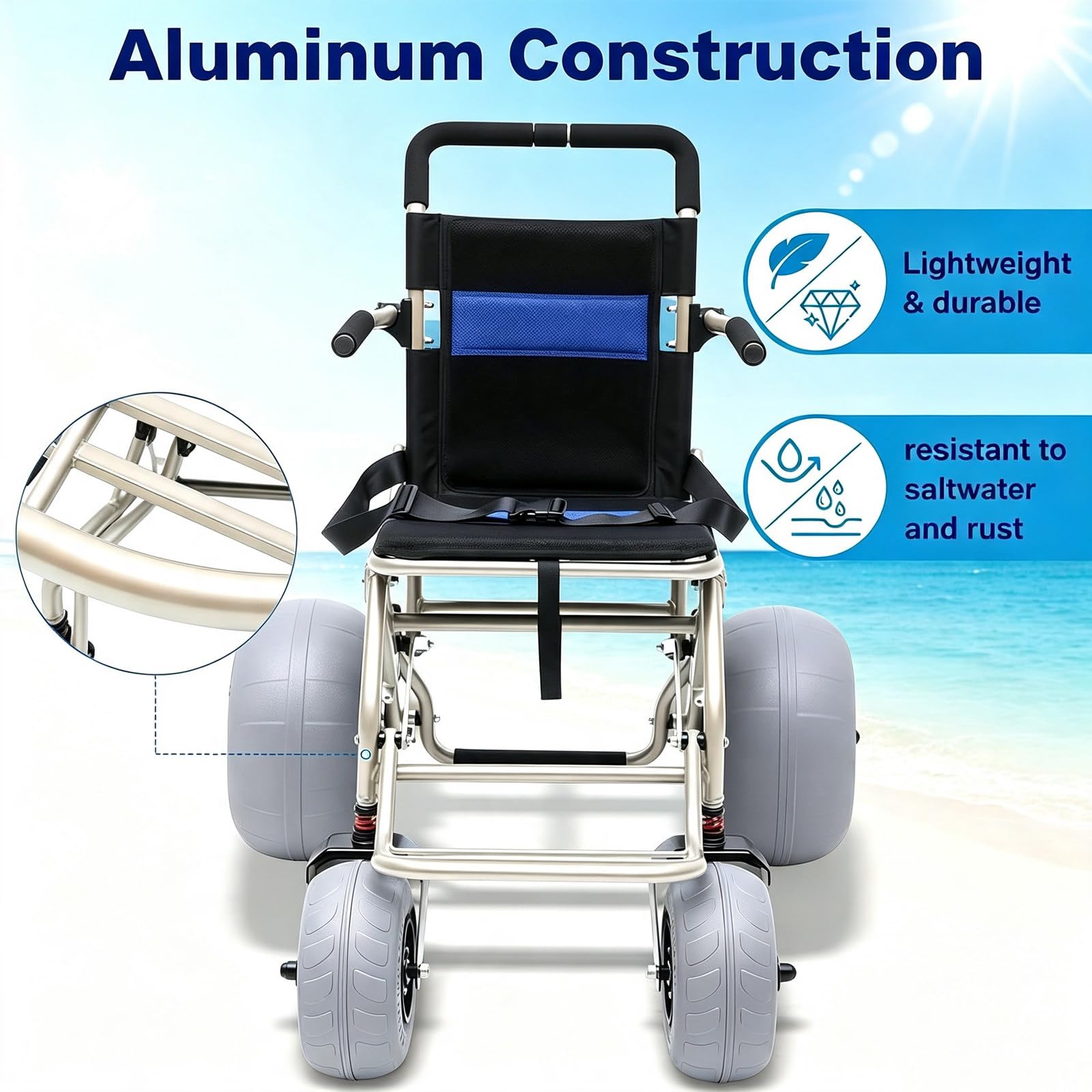 Silla Playa Plegable Ligera Con Ruedas, Andador De Playa Todoterreno, | Impermeable, Para Acceso A Playa, Césped, Grava Y Agua, Transporte De Viaje Para Personas Mayores