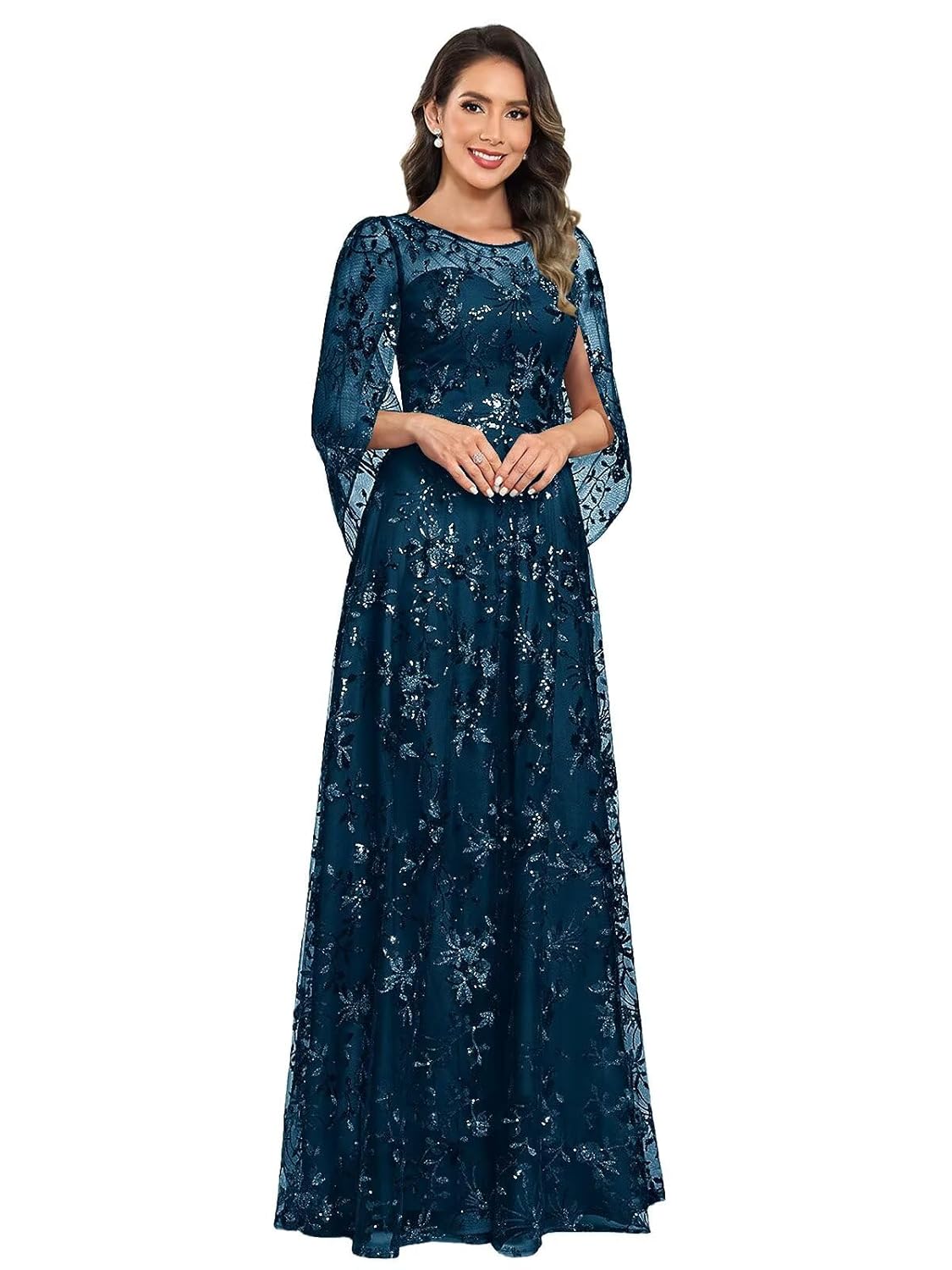 Sparkly Mother of Bride Dresses Lace Appliques Cape Sleeves Tulle Crew Neck A-Line Long Elegant Formal Dress