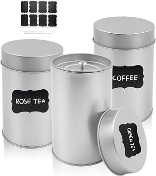Tea Canisters with Airtight Lids Metal Loose Leaf Tea Storage Organizer 13.5 Fl OZ Round Tin Can with Marker & Stickers for Coffee Sugar Herbs Spices 3 PCS