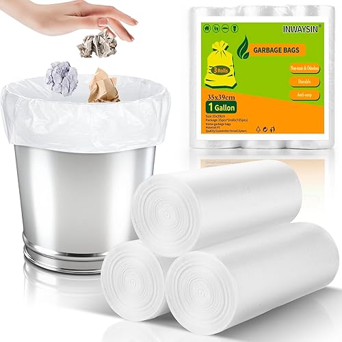 Bolsas de basura pequeñas de 1 galón, 3 rollos, 105 unidades, color blanco transparente, bolsa de basura de 1 galón, fuertes, sin fugas, sin