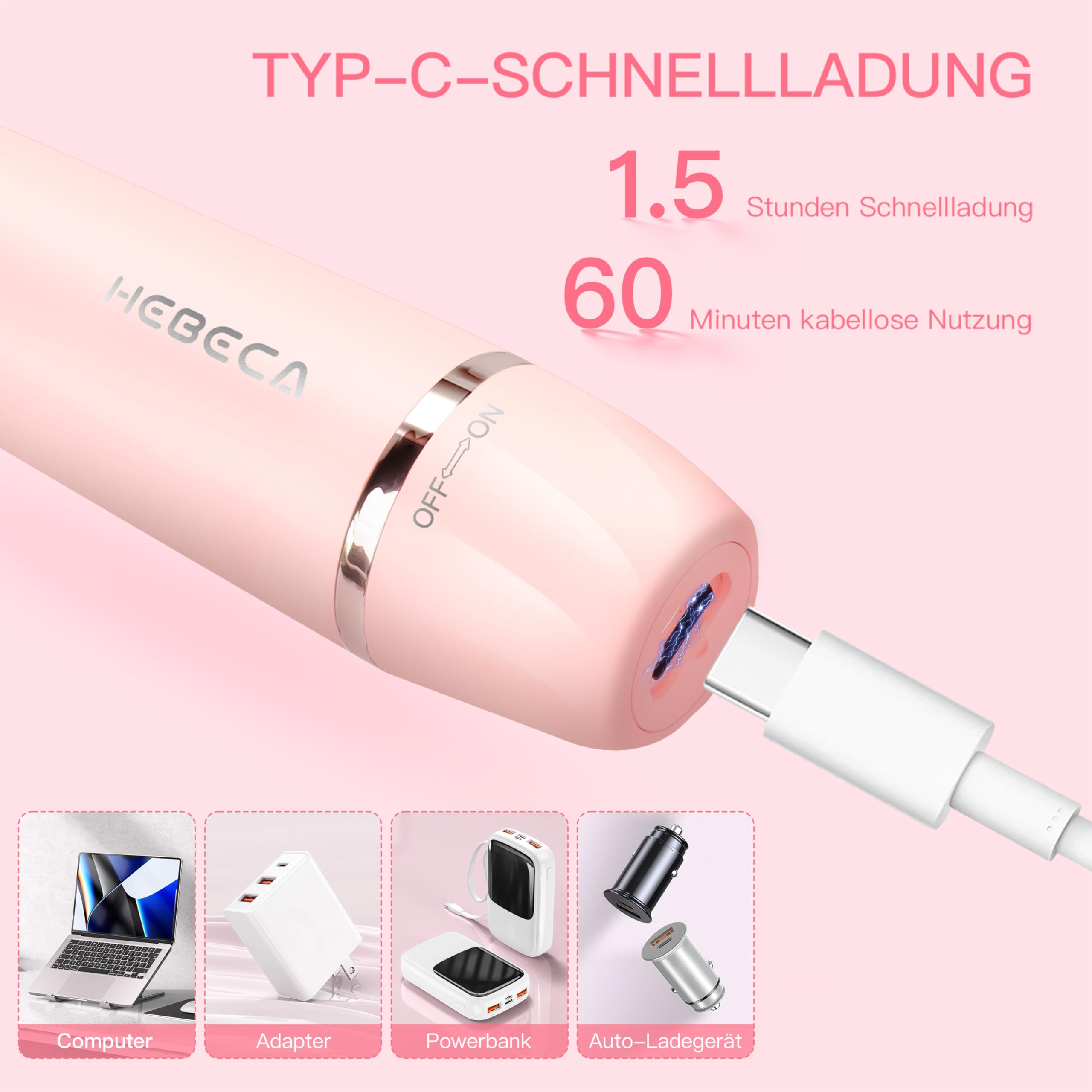 HEBECA Nasenhaartrimmer für Frauen 3-in-1 Elektrische Gesichtsharentfernung Wiederaufladbare Augenbrauenrasierer Elektrisch Portble Wasserdichte Gesichtsrasierer Rasierer (Rosa)
