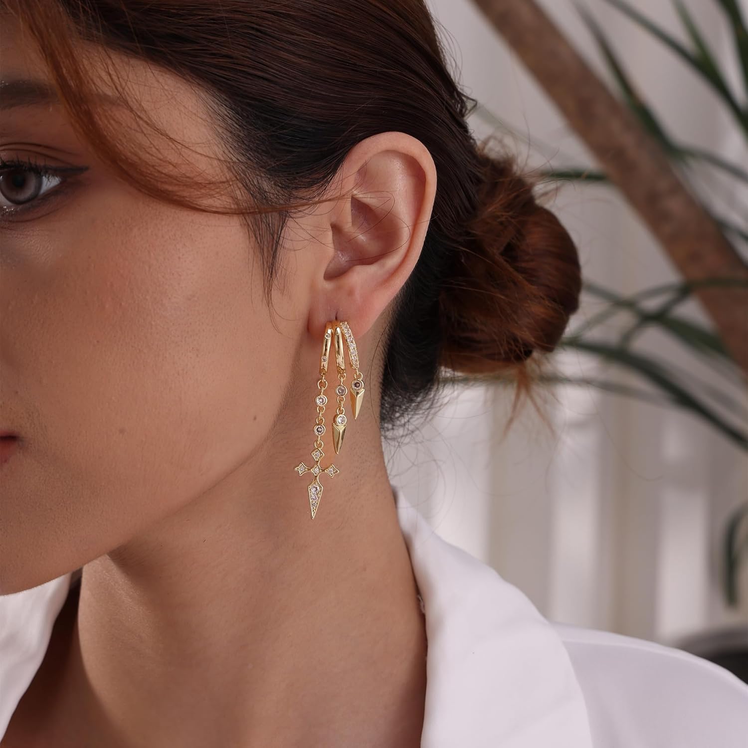 Dangle Earrings for Women,14k Gold Plated Triple Huggie Stud Earrings Dainty Drop Earrings for Women Trendy Gold Statement CZ Chain Earrings Non Tarnish Jewelry - Image 2