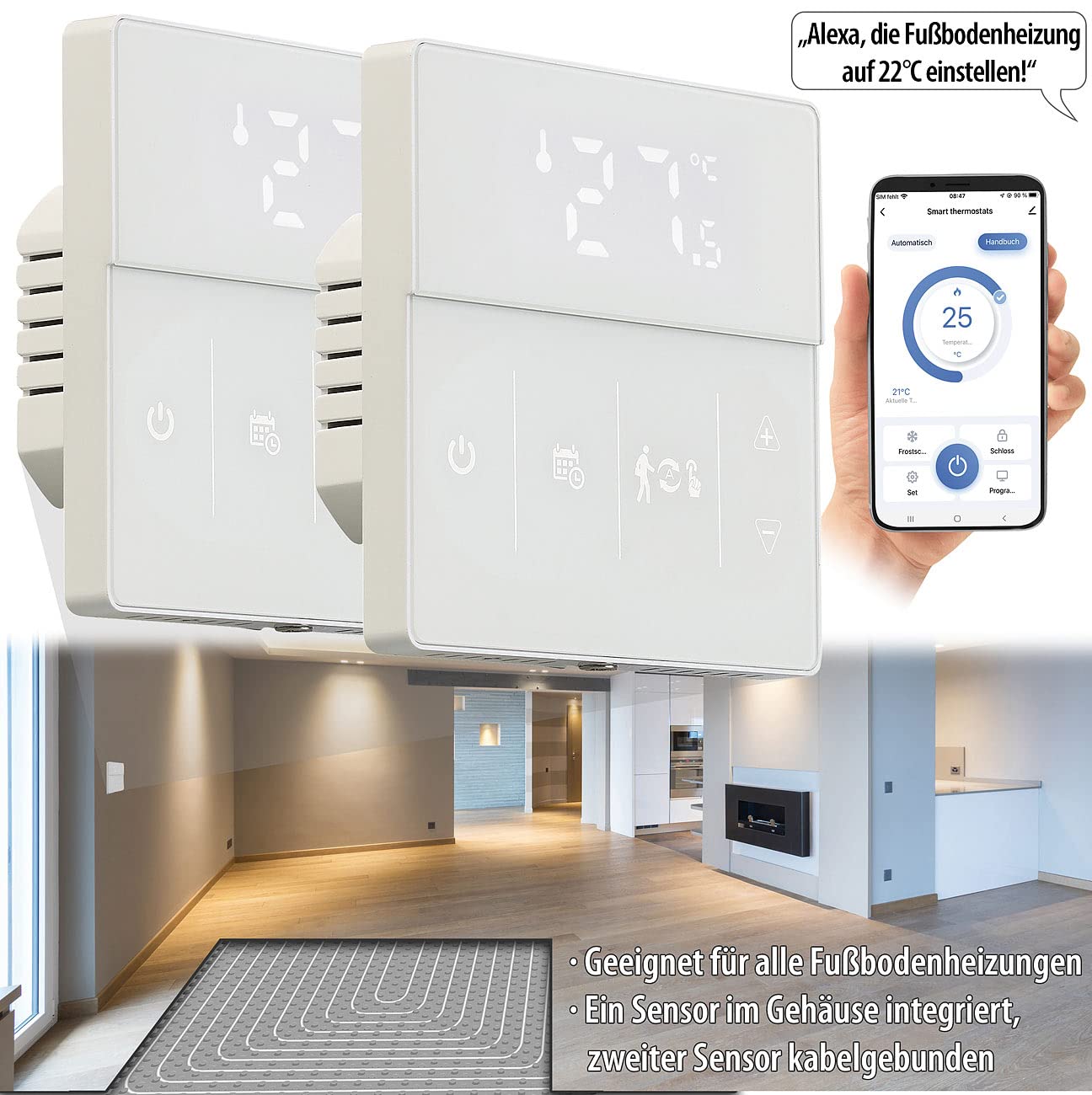revolt Funk Thermostat WLAN: 2er-Set WLAN-Fußbodenheizung-Thermostate mit App, weiß (Raumthermostat WLAN Aufputz, Fußbodenheizung WLAN steuern, Infrarotheizung)