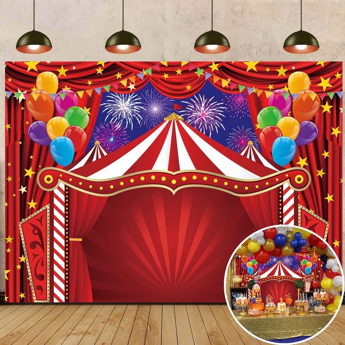 Red Circus Backdrop 10x8FT Carnival Theme Tent Photography Background Circus Amusement Park Fireworks Balloon Banner for Newborn Baby Shower Birthday Party Decorations Supplies (120x96 inch)