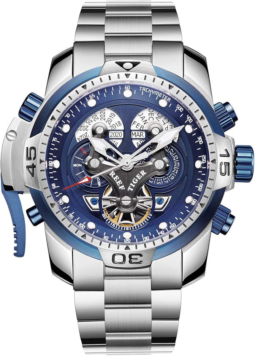 Reef Tiger Reloj Deportivo para Hombre Analógico Automático Reloj complicado para Hombre con Correa en Acero Inoxidable RGA3503