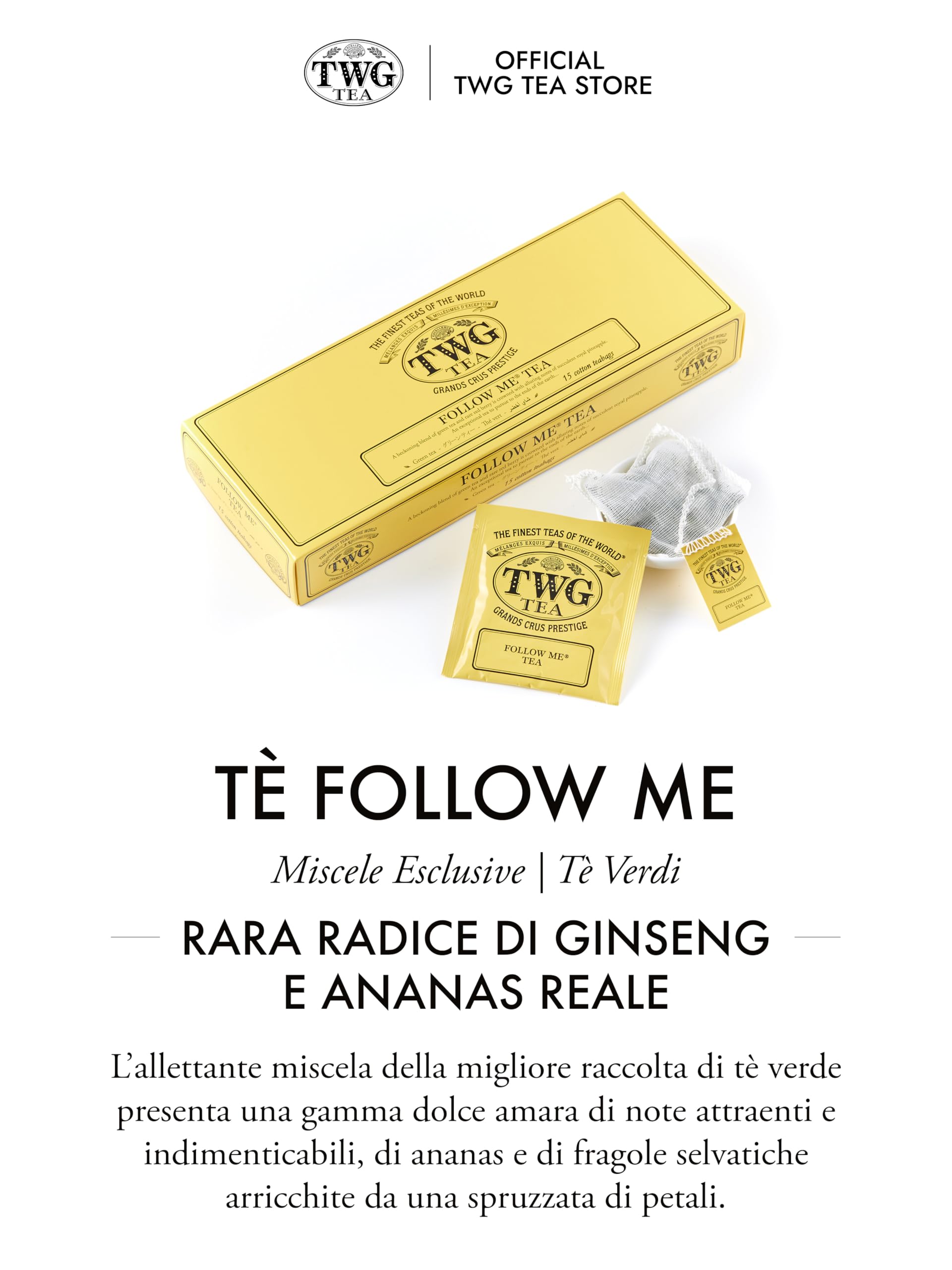 TWG Tea | Follow Me Tea | Tè Verde | Ginseng & Ananas | 15 Bustine di Tè in Cotone Cucite a Mano | Set Regalo
