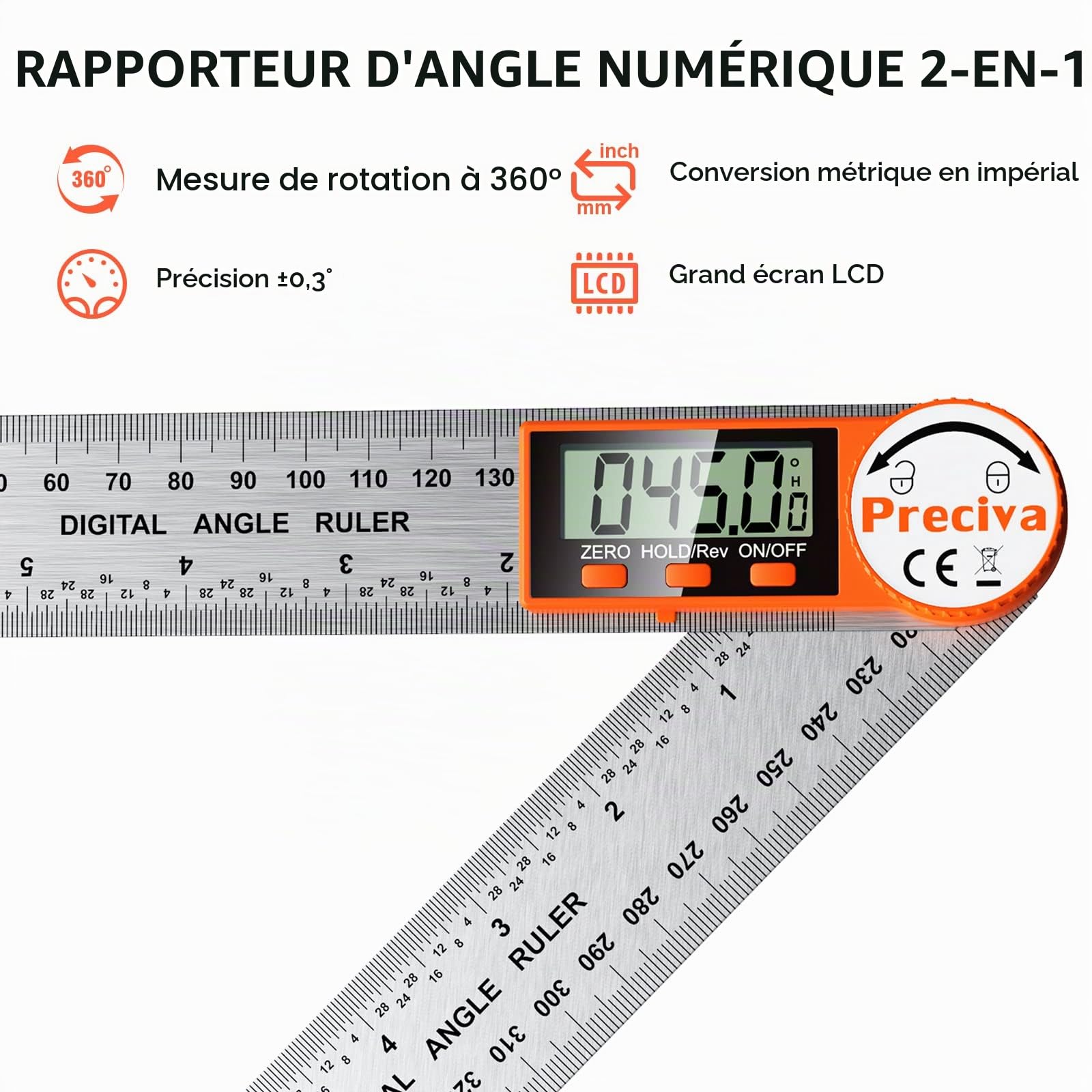Preciva Jauge d'angle numérique, 400 mm, goniomètre numérique en acier inoxydable avec large écran LCD et fonctions de réinitialisation, verrouillage et inversion