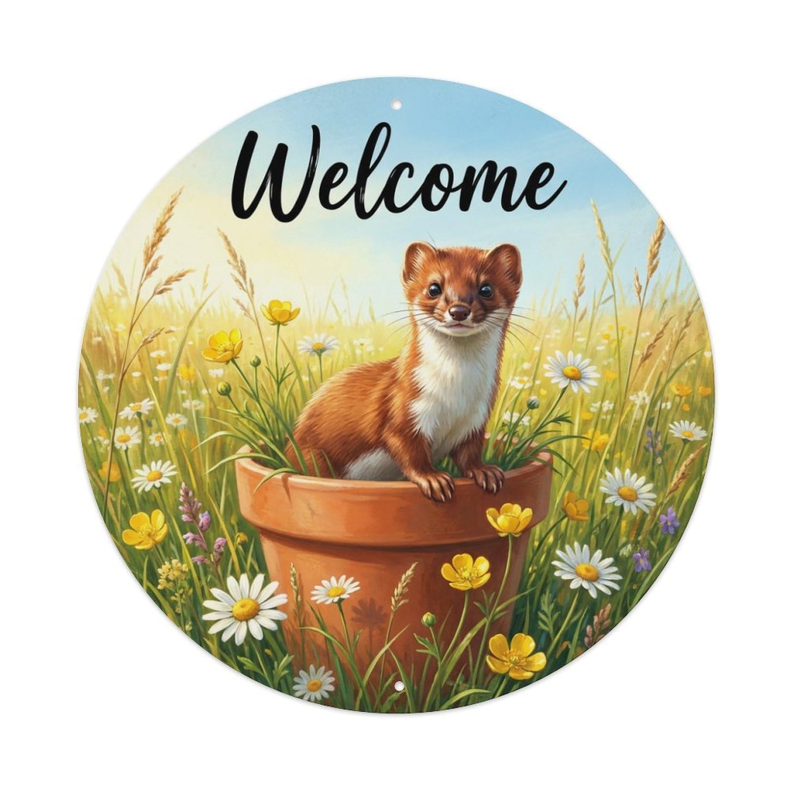 Metal Tin Sign Welcome Weasel Meadow Grass