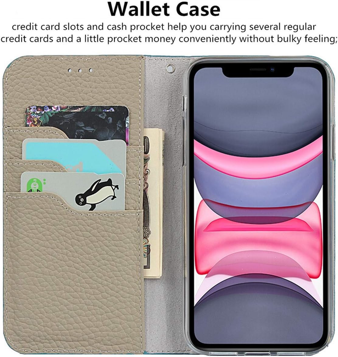 Free Shipping Offer iCoverCase Genuine Leather Case for iPhone 11, Wallet Case with Wrist Strap and Card Slots Magnetic Closure Kickstand Feature Flip Cover for iPhone 11 (Light Blue)