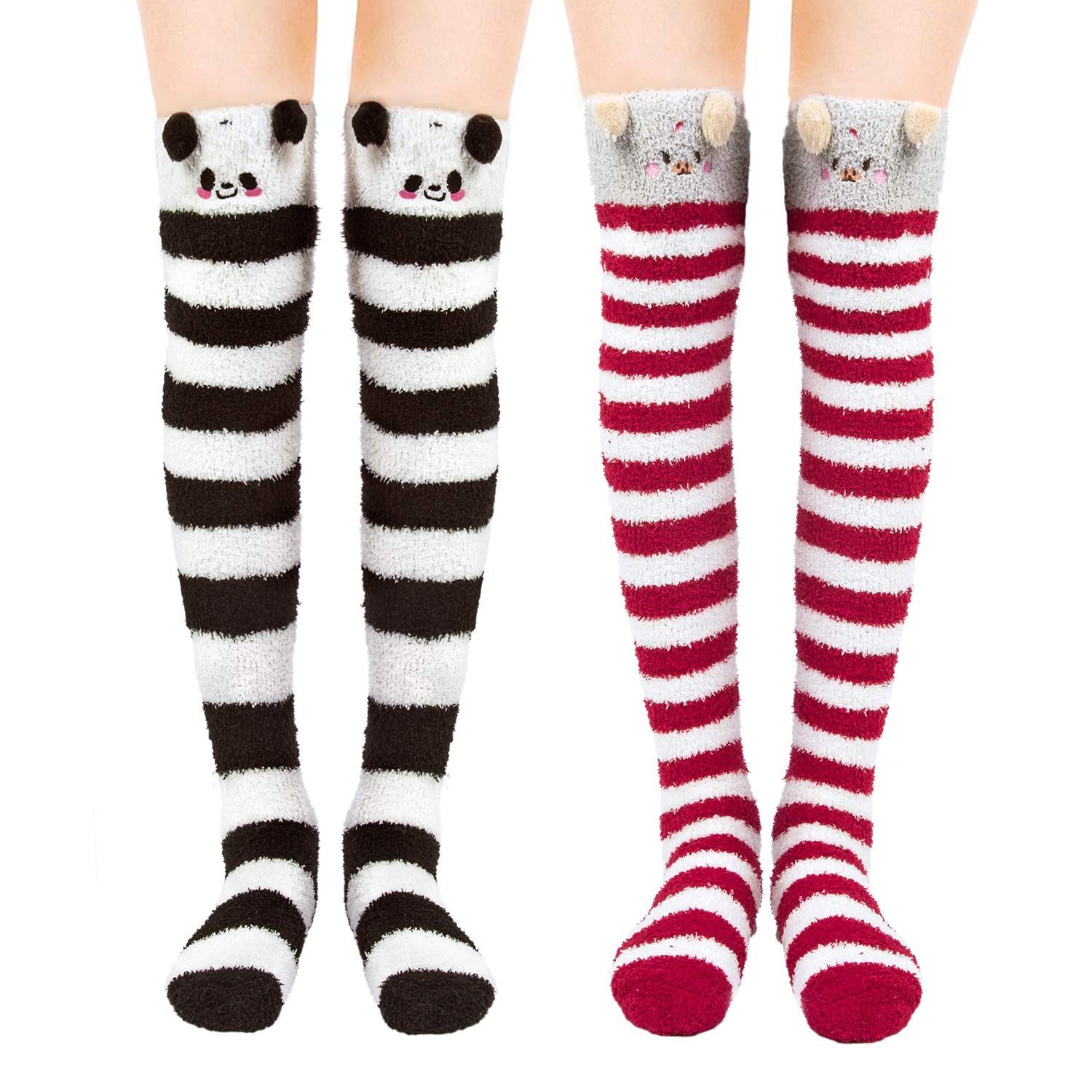 Chalier Cozy2 pairs Knee High Socks Coral Velvet for Women Stocking, Thigh High Long Striped Socks for Winter (Cat + bear)