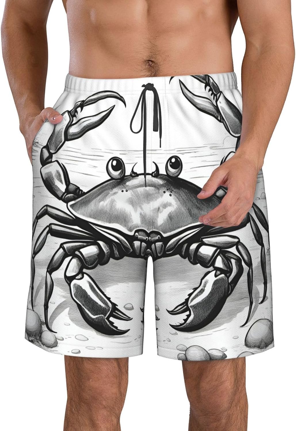 Mens Cartoon Crab Print Beach Shorts,Casual Summer Shorts for Men,Quick Dry Polyester