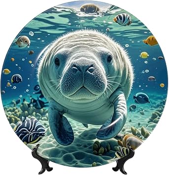 Bone China Decorative Plate 6in Art Crafts Ceramic Decorative Plates with Display Stand Cute Sea Animal Manatee Dinner Plates Round Ceramic Ornaments Art Porcelain Plate for Home Office Wall Decor