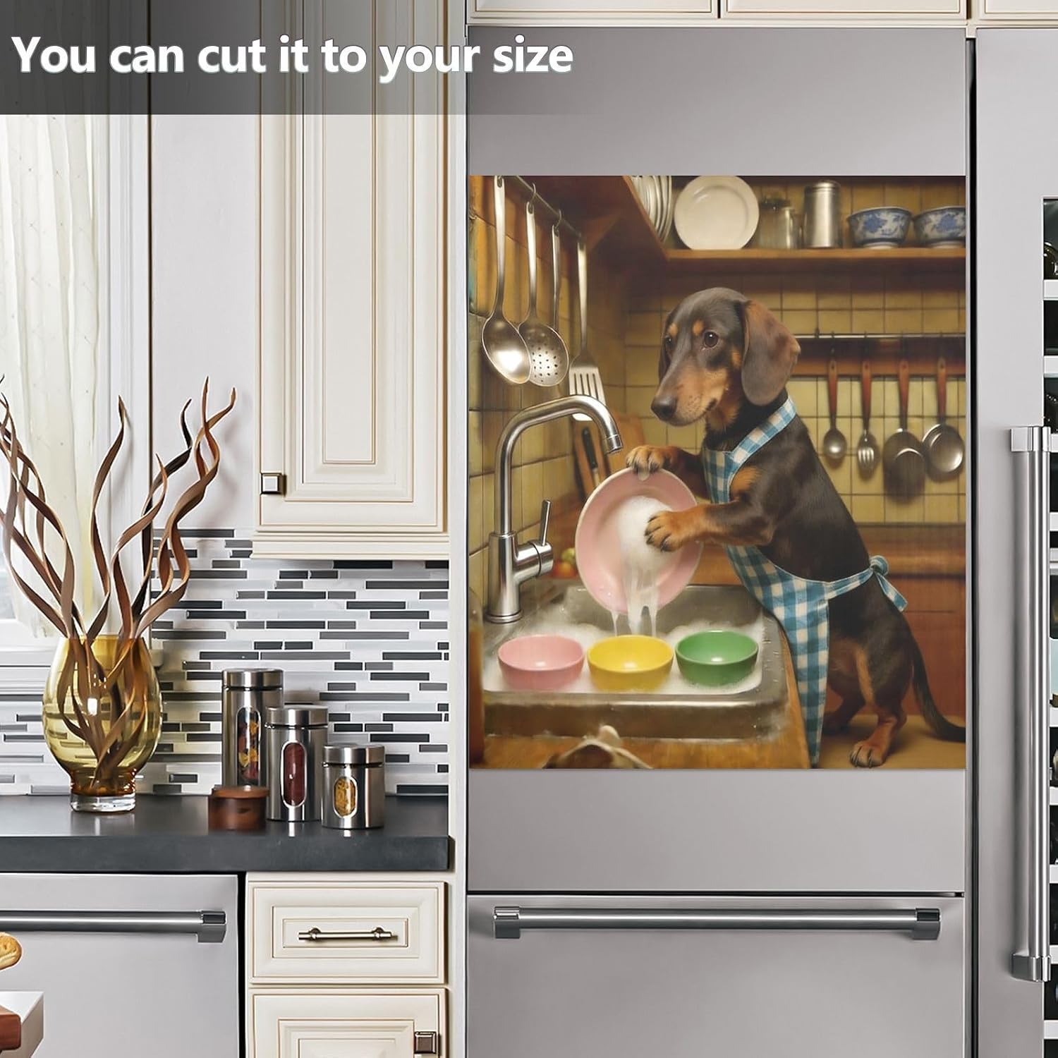 QUGRL Funny Dog Washing Dishes Dishwasher Magnet Cover Front Door Cute Dachshund Decorative Refrigerator Covers Magnetic Sheet Sticker Wash Machine Fridge Panel Decal for Kitchen Appliance 23x26 in