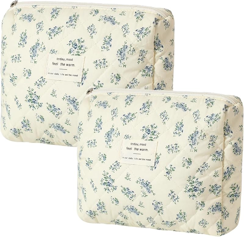 Necessaire de maquiagem matelassê em poliéster uekeboag com estampa floral 02Blue flower, pacote com 2