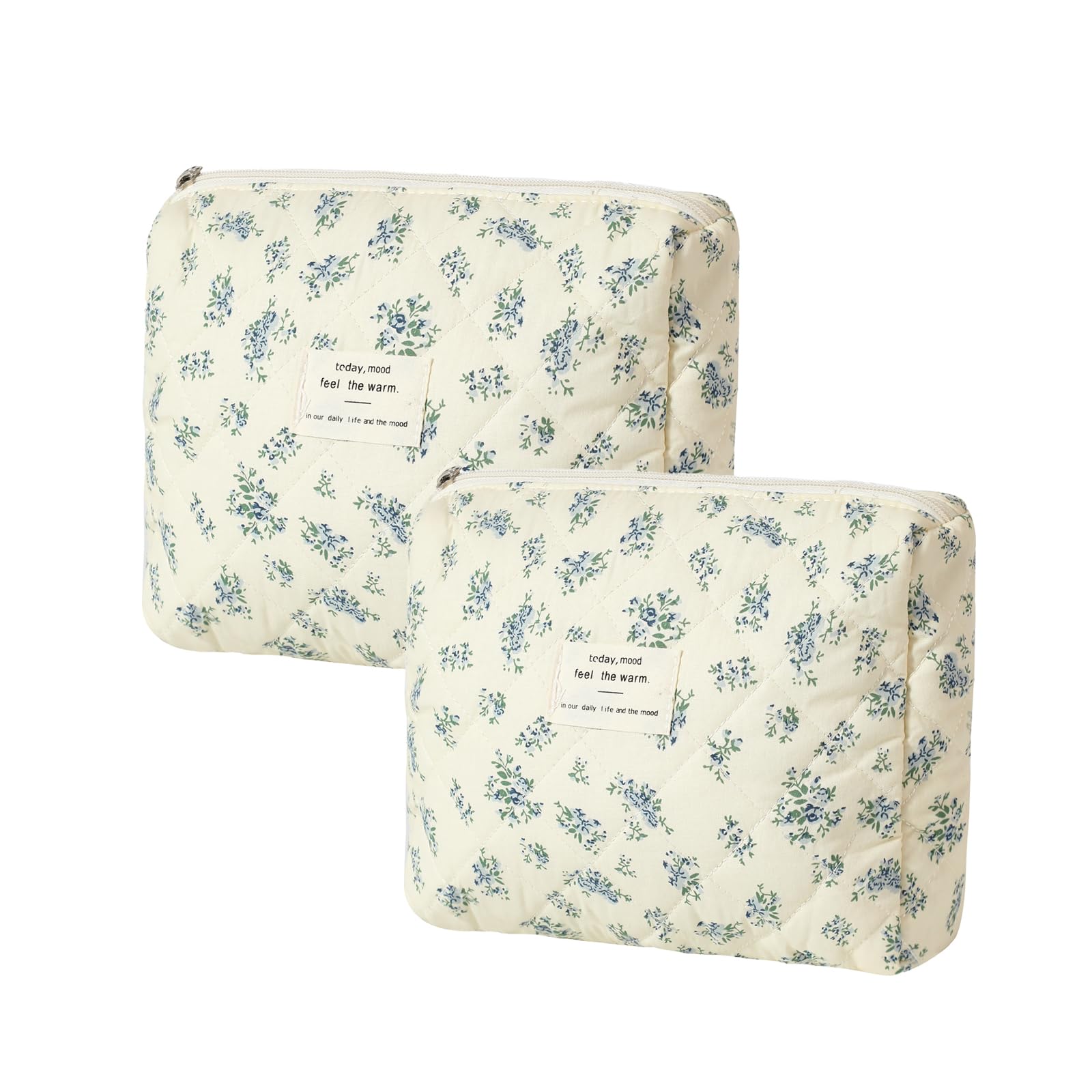 Quilted Cotton Makeup Bag 2Pcs Coquette Cosmetic Bag,Large Soft Floral Travel Toiletry Bag for Women and Girls(02 Blue flower)