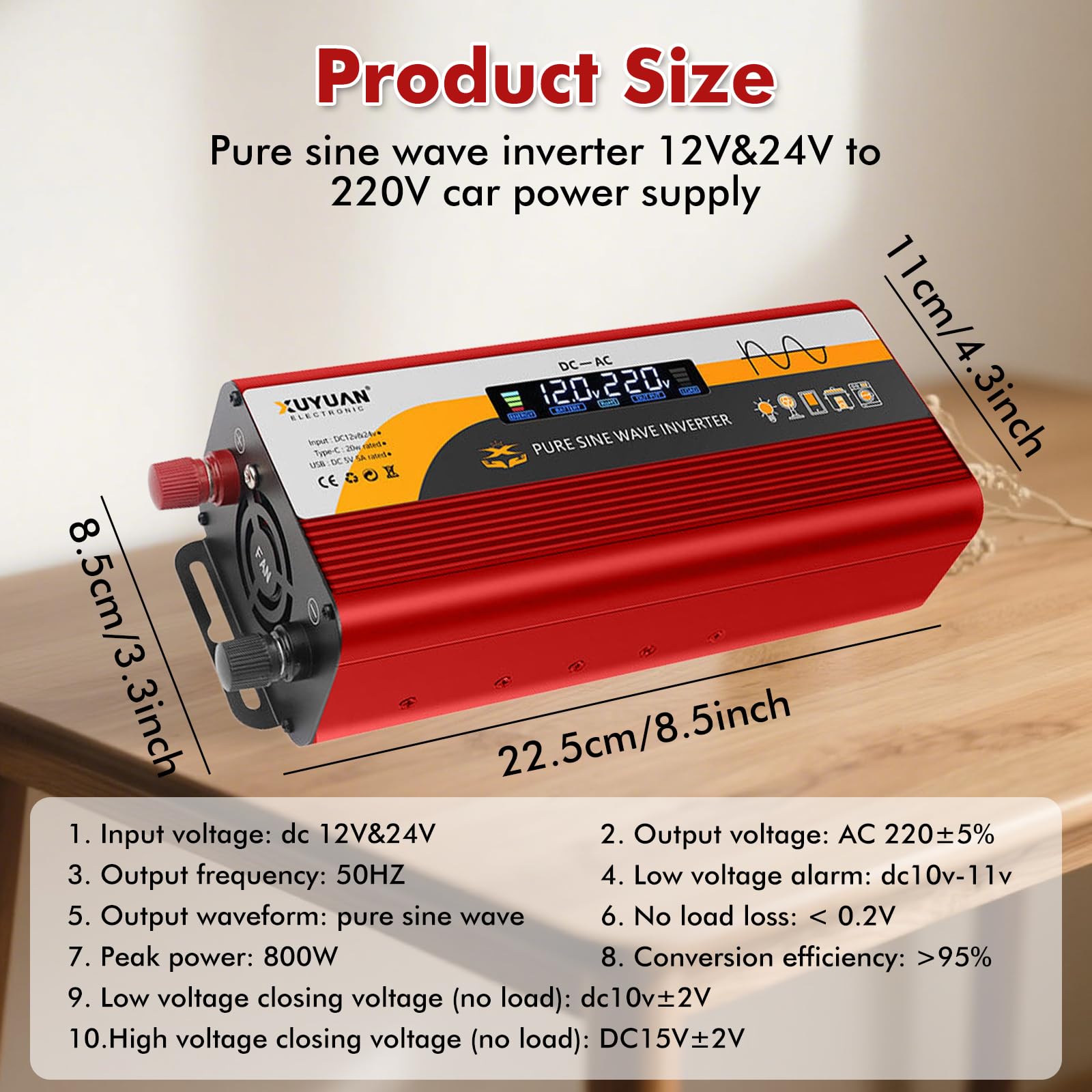 GAOUTO 800W/400W Wechselrichter 12v&24v auf 220V Reiner Sinus Wechselrichter, LCD-Bildschirmanzeige, Spannungswandler mit 1 EU-Steckdose & 1 Typ-C & USB Anschluss, 5V/3A USB-Anschluss für LKW, Rot