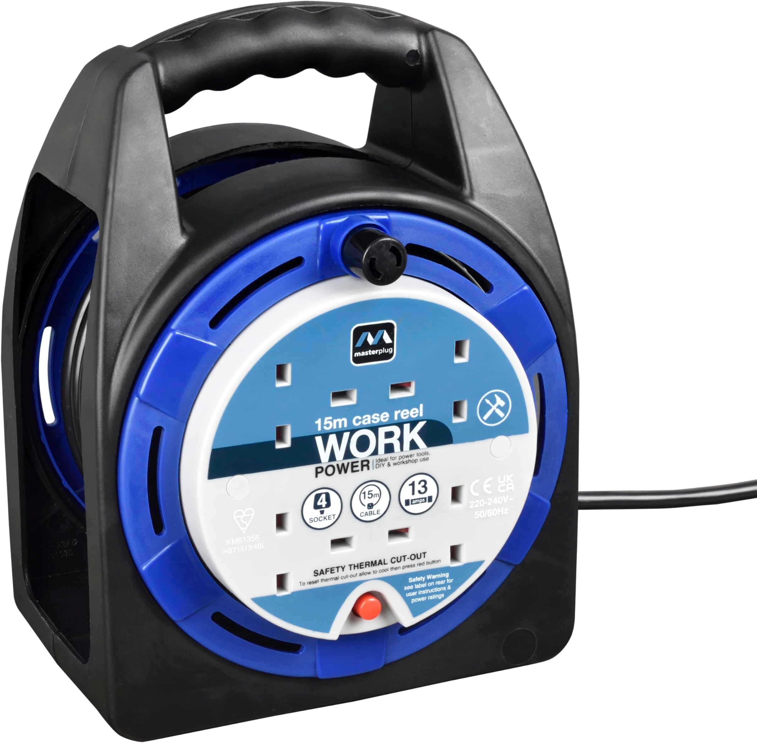 HST1513/4BL Four Socket Open Cable Reel Extension Lead with Handle, 15 Metres, Black/Blue