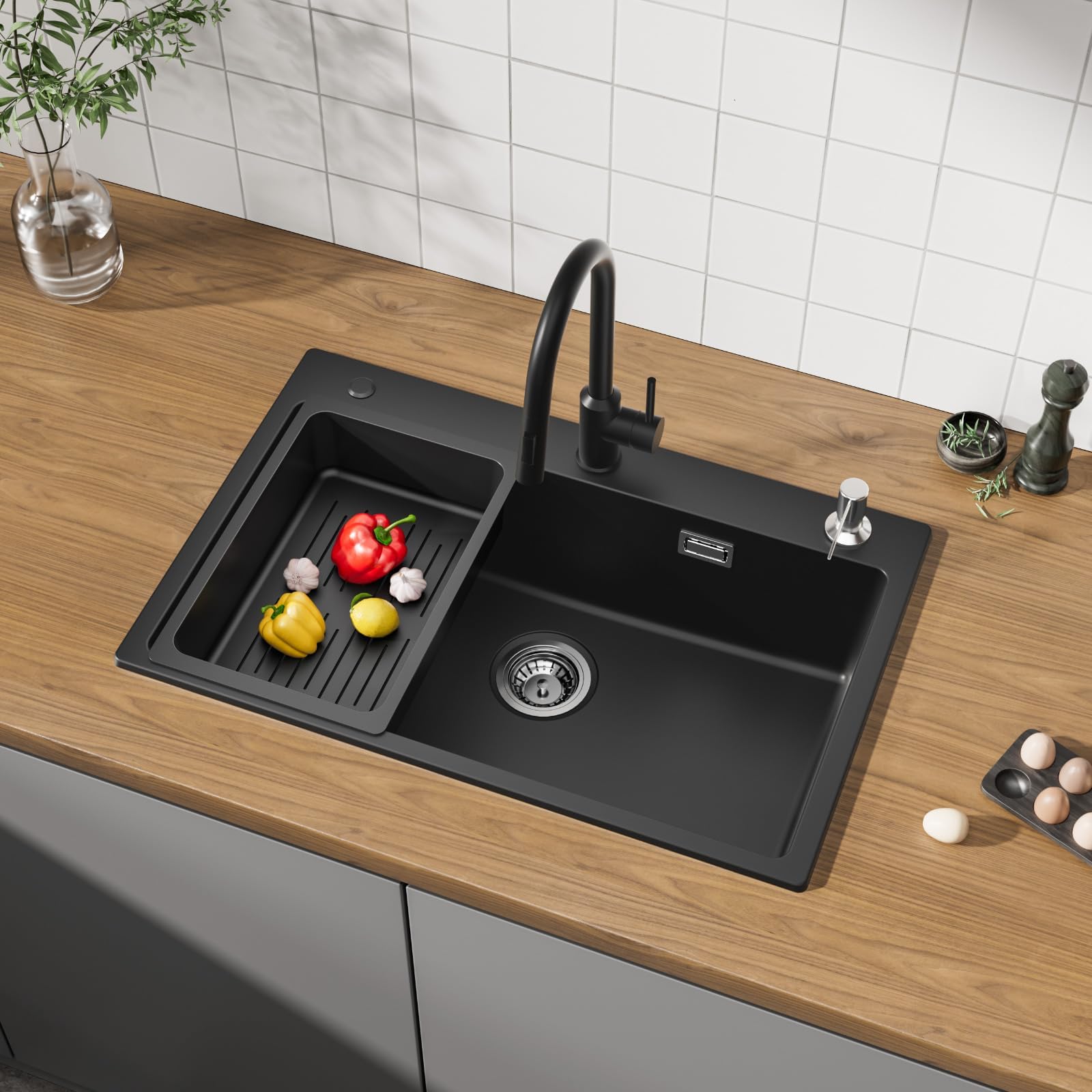 CECIPA Evier Cuisine 1 Bac 70x45x20 cm, Évier En Granit avec Grand Bassin, Lavabo Cuisine Avec Siphon & Trop-Plein, Évier à Encastrer des sous-meubles supérieurs à 80 cm - Noir