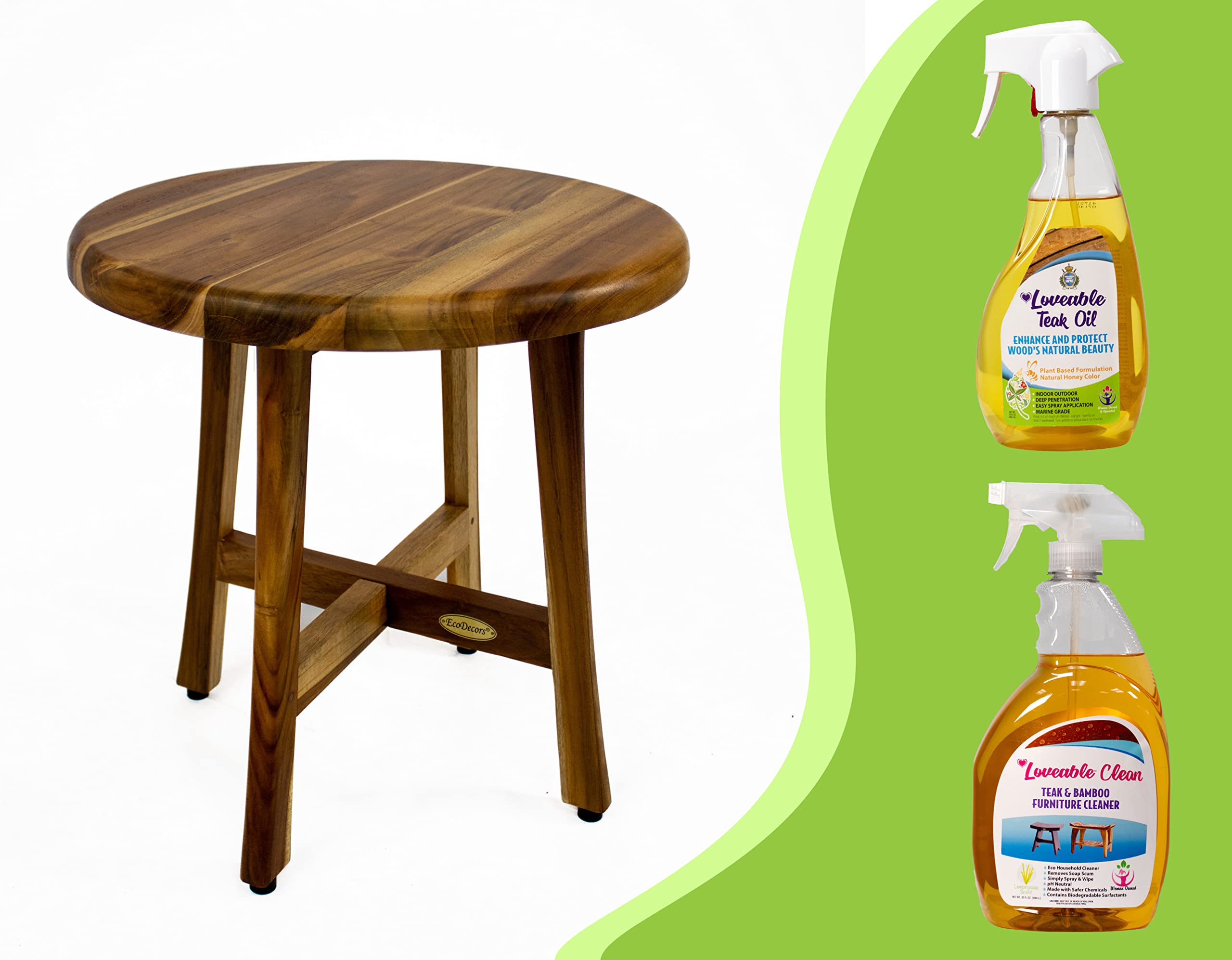 EcoDecors Shoji 18in Teak Wood Round Shower Seat or Side Table - with Lovable Teak Oil Conditioner and Teak and Bamboo Furniture Cleaner Spray Bottle