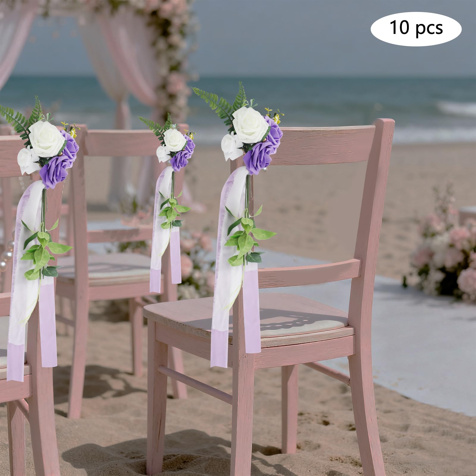10 PCS Hochzeit Stuhl Blumenschmuck | Blumenschmuck mit Bändern für die Hochzeit Zeremonie Stuhlschleife Dekoration 75cm Für Hochzeitstisch Tischdeko Event Party ﻿ (Weiß+Grün+Violett)