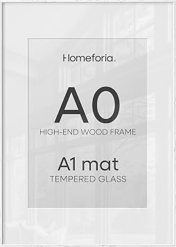 Homeforia A0 Frame White Wood, High End Oak 33.1 x 46.8 White Wooden Poster Frames Matted to 23.4 by 33.1 inches Photo, A0 Size Large Wood Picture Frame with Mat A1, Tempered Glass, Wall Kit, Set of 1