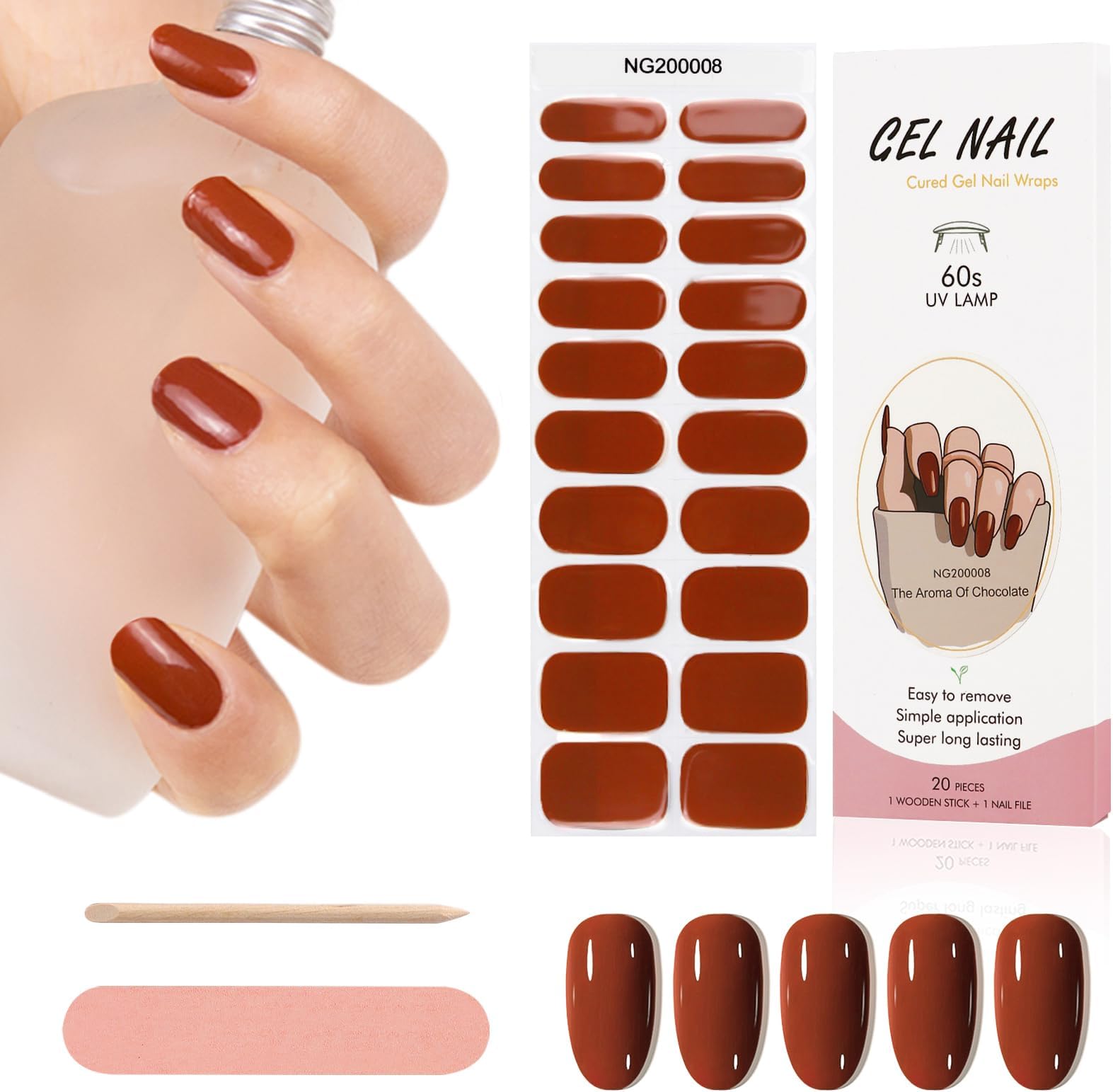 Kalolary 20PCS Gel Nail Polish Strips, Adhesive Full Wrap Gel Nail Art Sticker, Waterproof Gel Nail Wrap Stickers with Nail File and Stick（UV/LED Lamp Required）