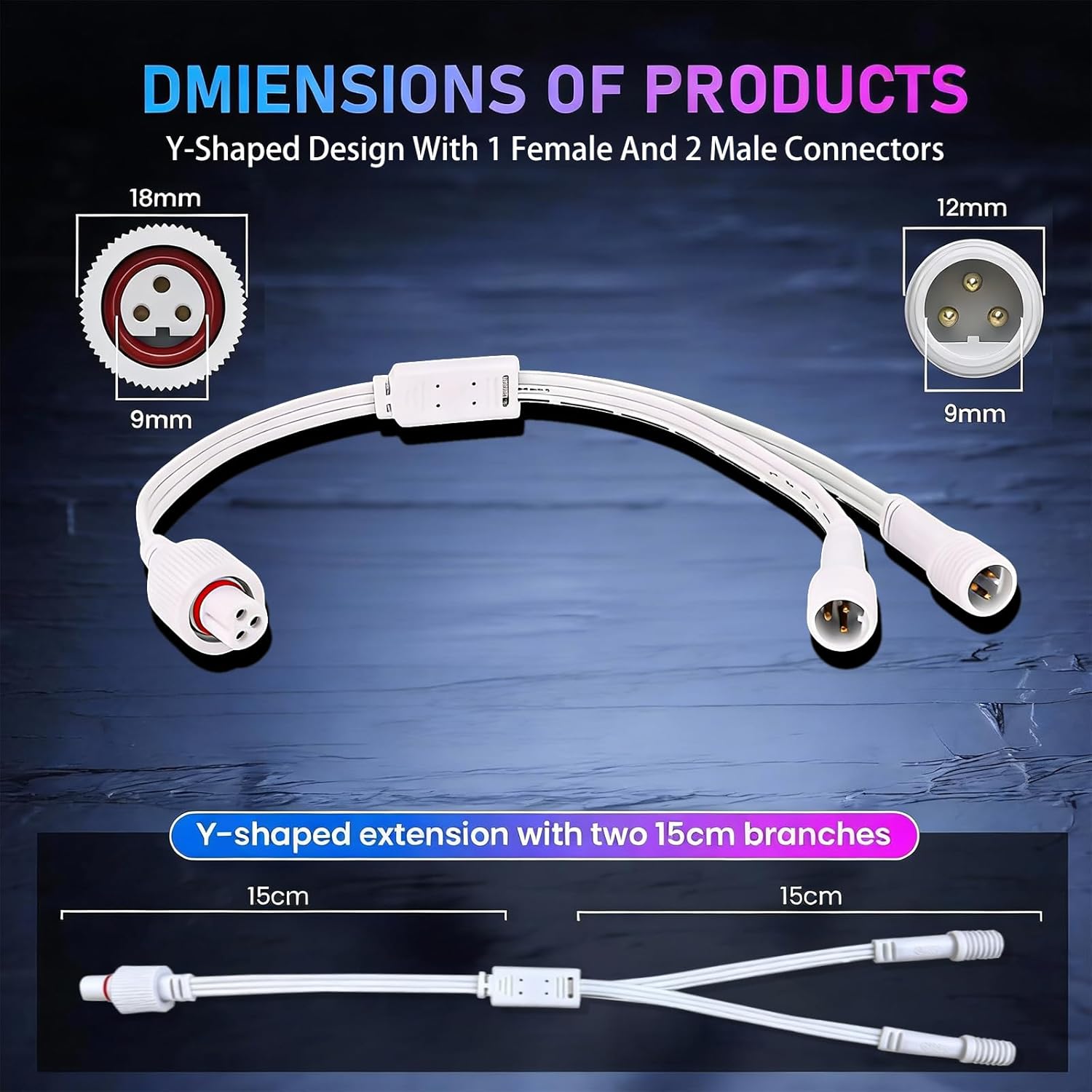 Permanent Outdoor Light Extension Cord, IP68 Waterproof Y-Shape Splitter, 1 Female to 2 Male, Compatible with G-ovee H705A H705B H705C H706A H706B H706C Outdoor Permanent Lights