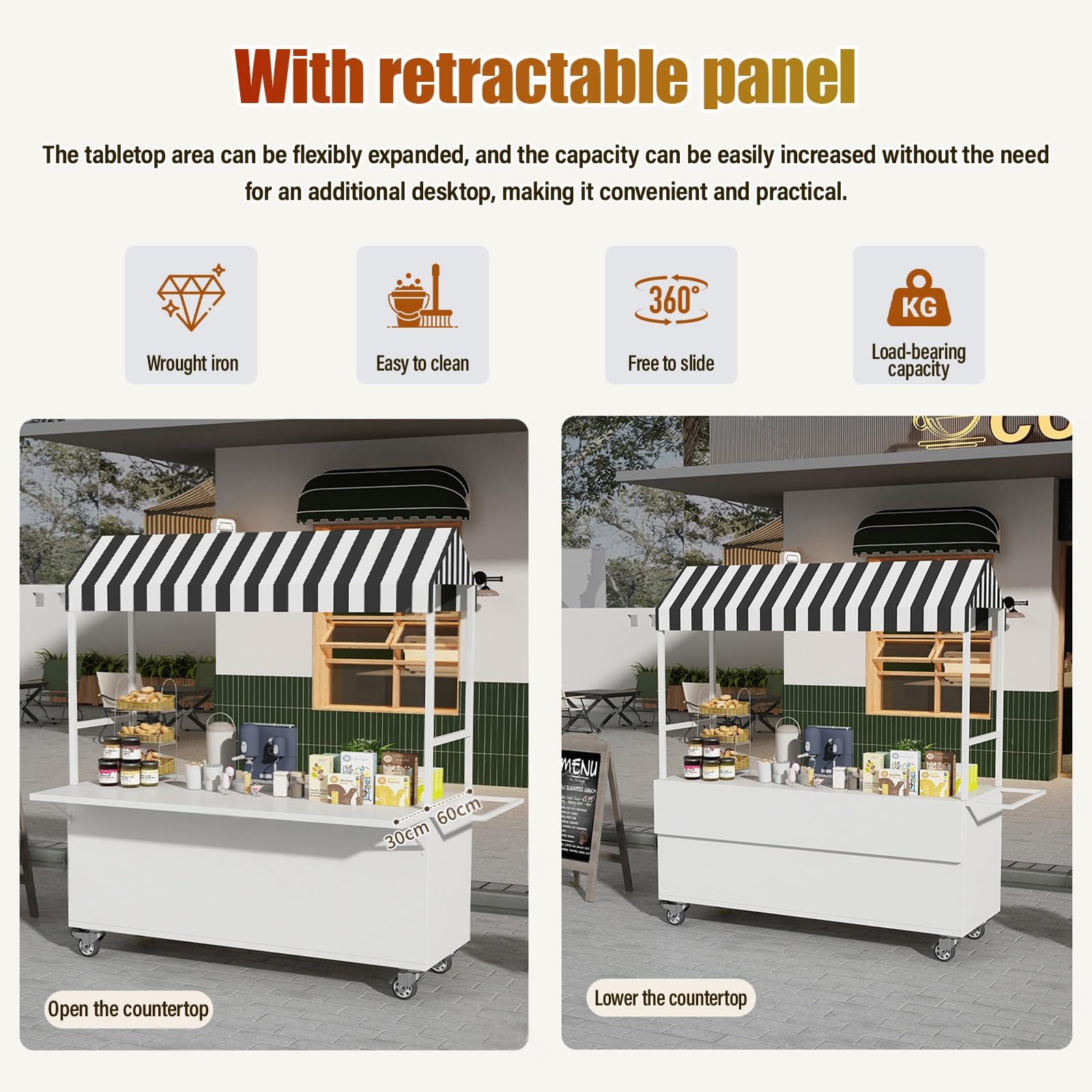 Carrello per alimenti da esterno con tettoia a righe, ruote bloccabili, piano del tavolo espandibile, carrello portatile in metallo per festival di strada, camion alimentari, eventi di catering