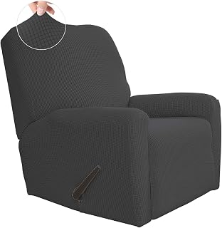 Easy-Going 4-Piece Recliner Slipcover Stretchy Spandex Jacquard Fabric Dark Gray Small Checks - Furniture Protector with Storage Pocket