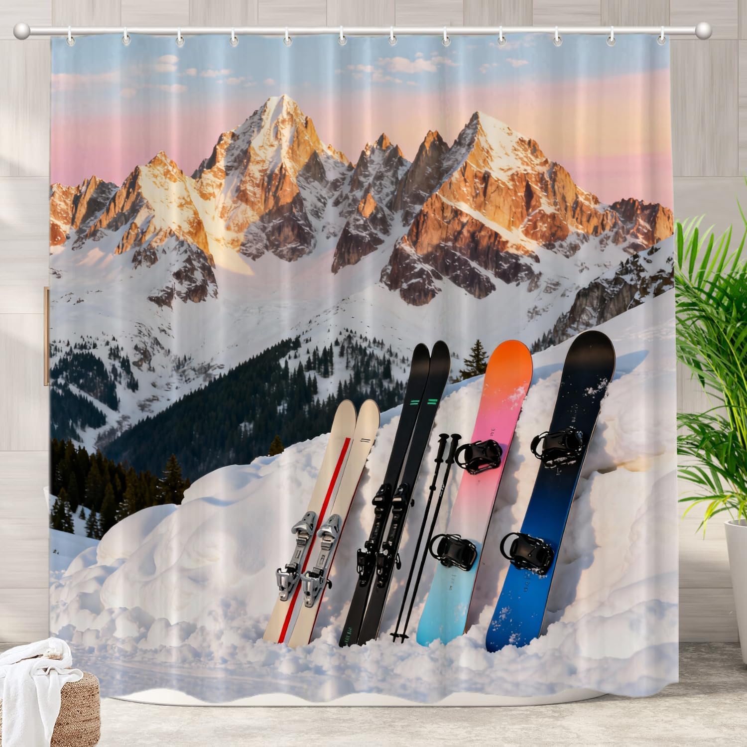 Batmerry Snow Mountains Sunset Sky Decorative Shower Curtain, Three Snowboards Ski Standing Snow Slope Mountains Cute Long wide with Rust Proof Grommets for Bathroom Waterproof Washable