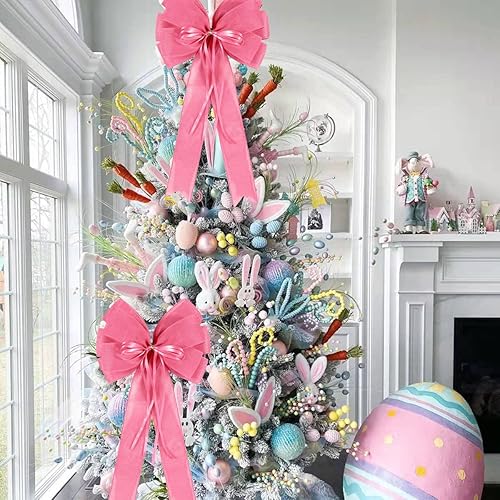 Miniatura 6 de 2 lazos de corona de Pascua rosas grandes, decoración de arco de primavera con arpillera rosa y cuerda de purpurina para árbol de Navidad