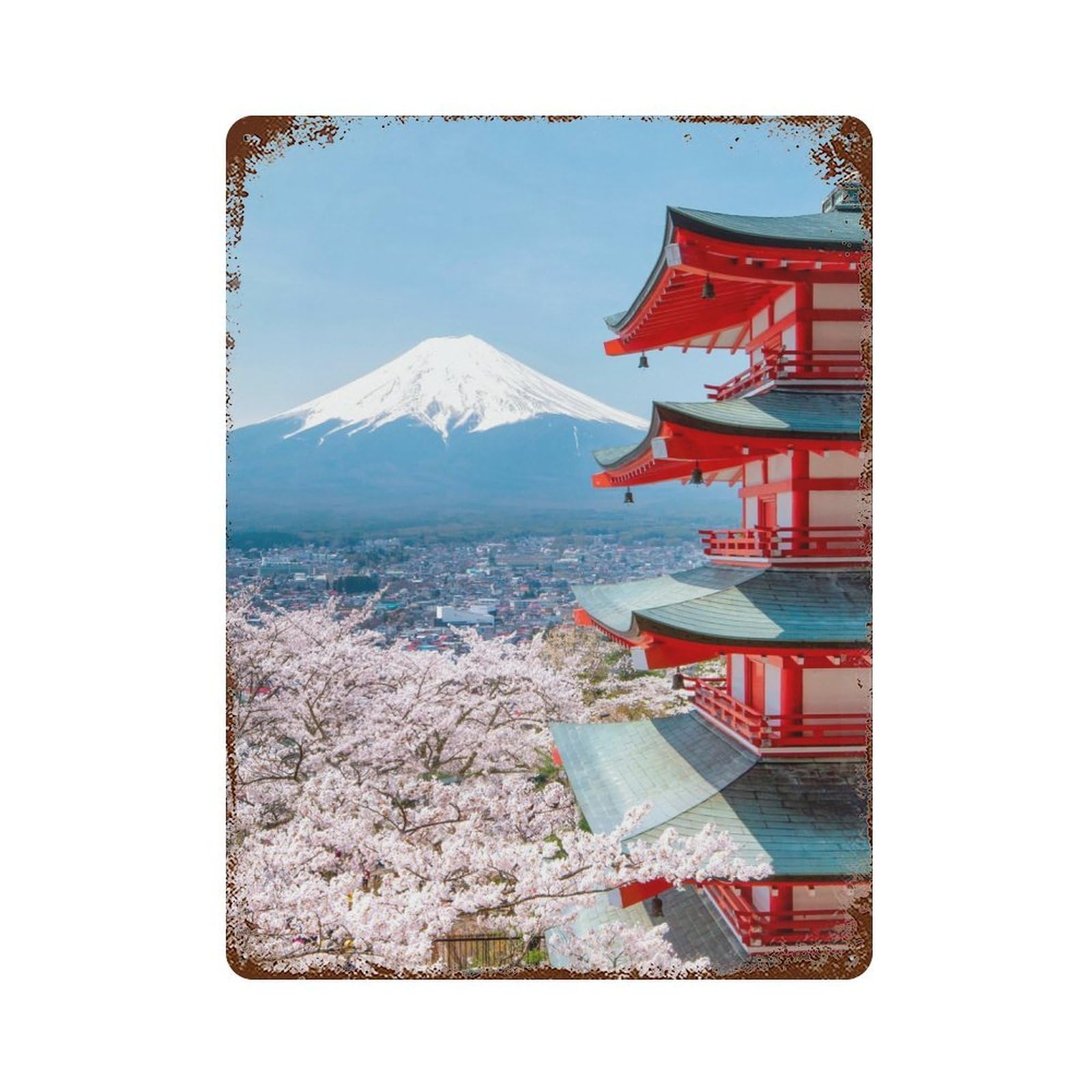Vintage Rust Metal Sign with Mt Fuji And Peace Pagoda Design 15.7"x11.8", for Garage, Bar And Workshop Decor, Retro Wall Decor